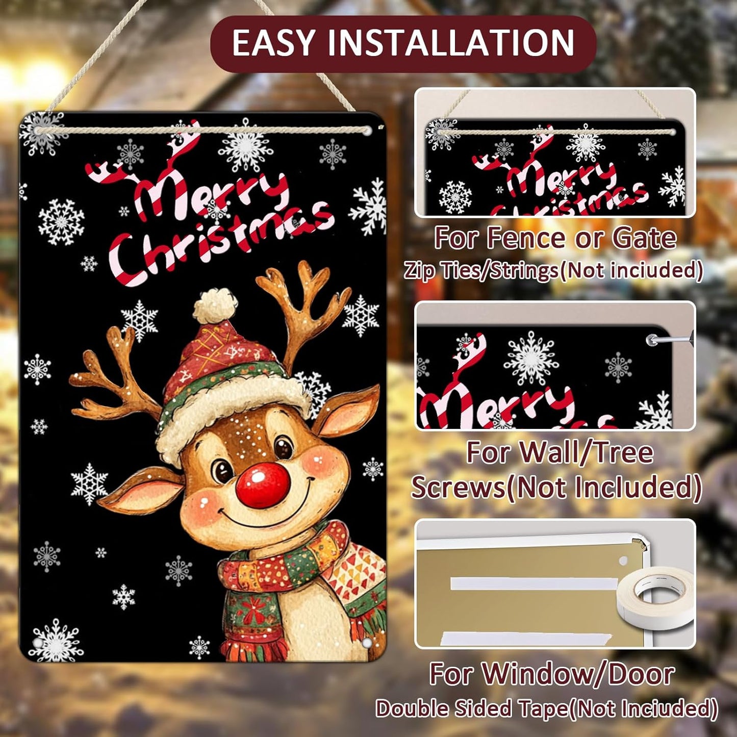 Christmas Reindeer Metal Tin Sign - Merry Christmas Sign for Outdoor & Indoor Decoration - 8x12Inch