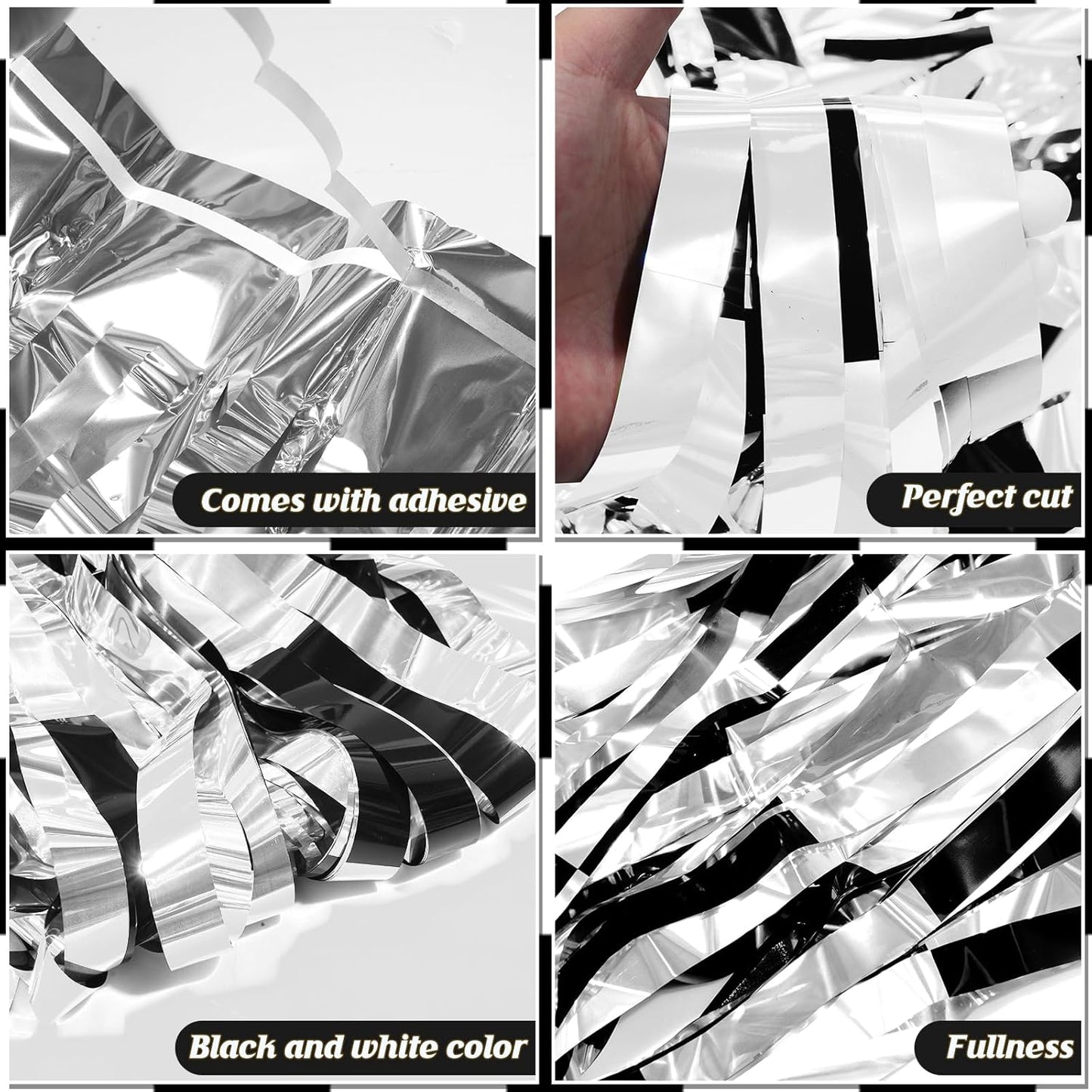 3 Pack 3.3Ft x 6.6Ft Race Car Checkered Foil Fringe Curtain Backdrop Decorations, Black White Metallic Tinsel Foil Streamers Curtain Photo Booth for Race Car One Happy Dude Birthday Party Decorations