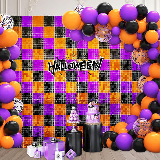24PCS Black Orange Purple Shimmer Wall Backdrop, Halloween Square Sequin Photo Backdrops Panel, Glitter Wall Background for Birthdays, Weddings, Halloween Party Decor (4FTx6FT)