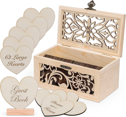Alternative Guest Book Box - Wedding Guest book Alternative - 62 Large Wooden Hearts - Also for Baby Shower, Bridal Shower, Anniversary, Birthday, Retirement, Funeral Guest Book Alternatives, Pattern