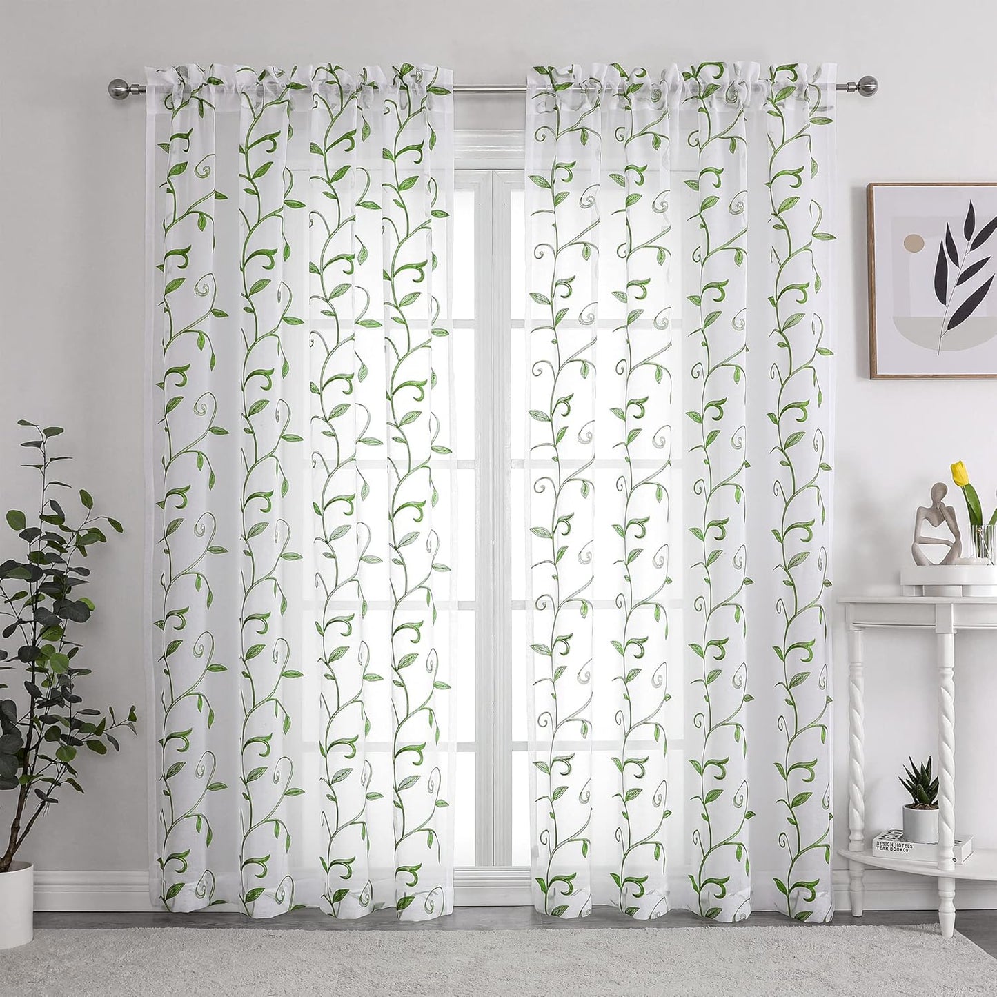 VISIONTEX Embroidered Green Sheer Voile Curtains, Leaves Embroidery Faux Linen Rod Pocket Window Drapes for Living Room and Girls Bedroom 54 x 108 Inch, Set of 2 Curtain Panels