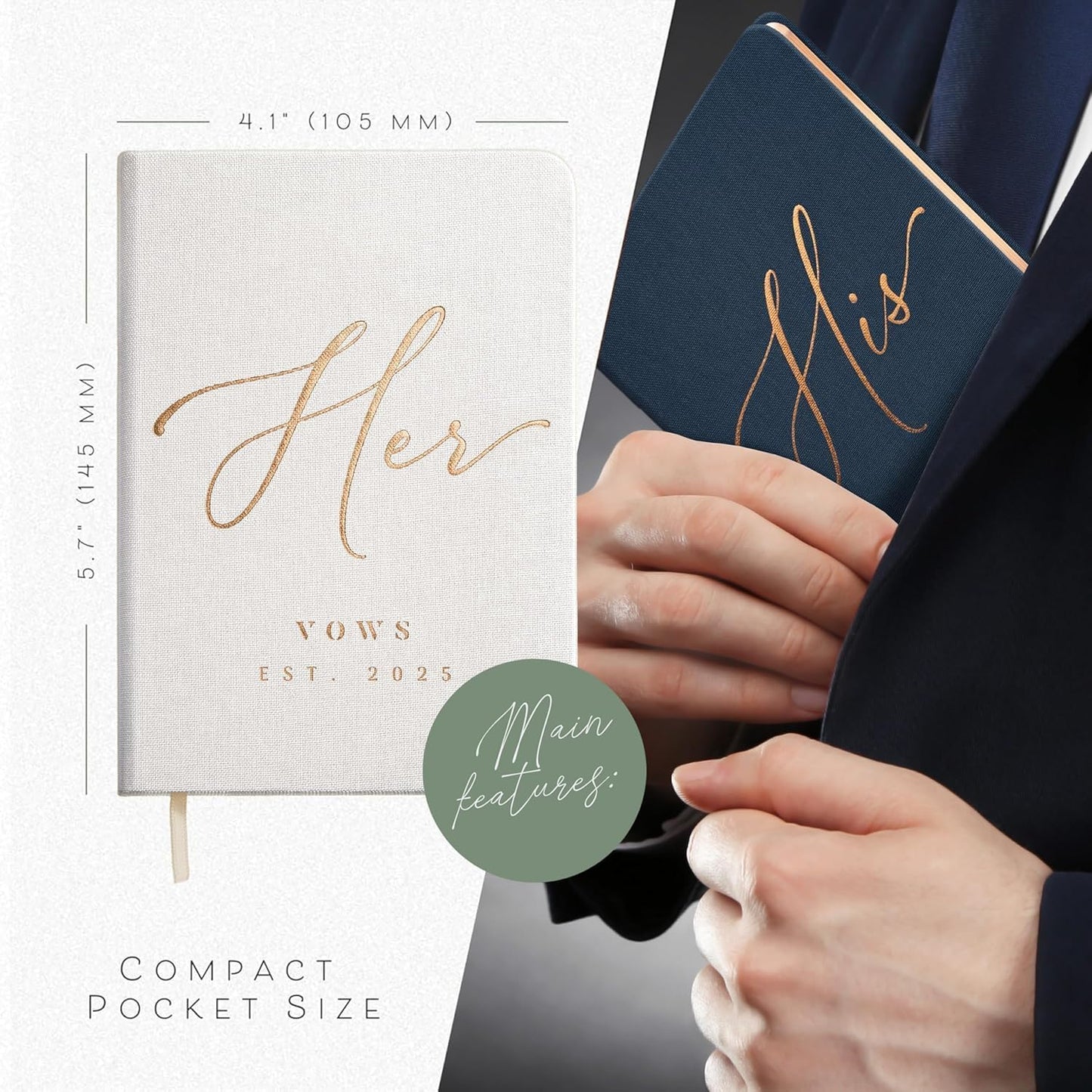 Custom 2025 Vow Books His & Hers - White & Navy Linen Wedding Vow Books Ideal as Wedding Accessories for Brides & Grooms, His & Hers Gifts - Wedding Registry Must Haves 2025 & Elopement Essentials