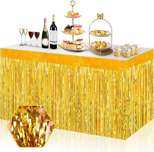 3 Pack 29x108 Inch Gold Foil Fringe Table Skirts Metallic Banner for Tinsel Streamer Garland Backdrop for Parade Floats Wedding Thanksgiving Birthday Christmas Halloween Party Decoration