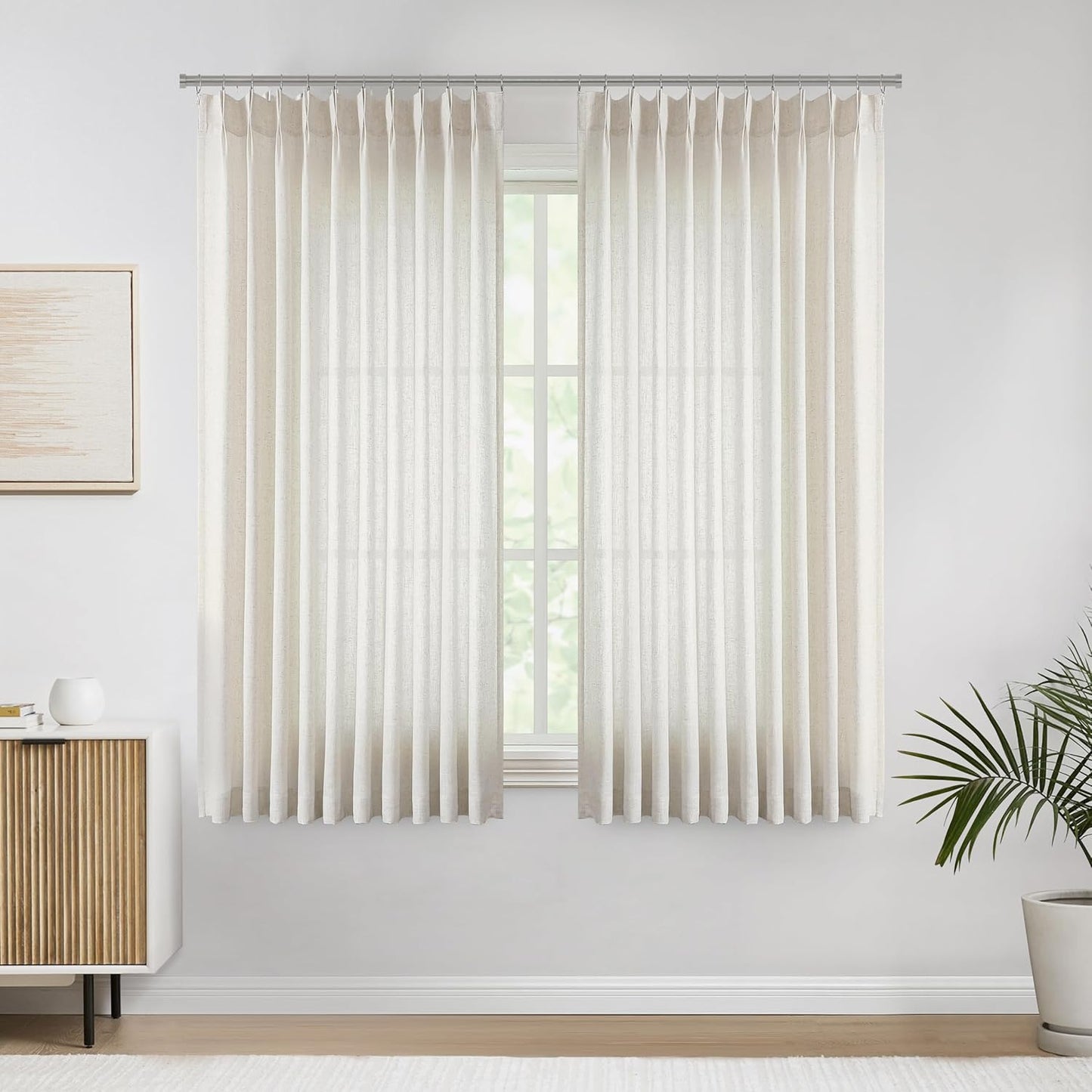 Vision Home Natural Pinch Pleated Semi Sheer Curtains Textured Linen Blended Light Filtering Window Curtains 72 inch for Living Room Bedroom Patio Pinch Pleat Drapes with Hooks 1 Panel 60" Wx72 L