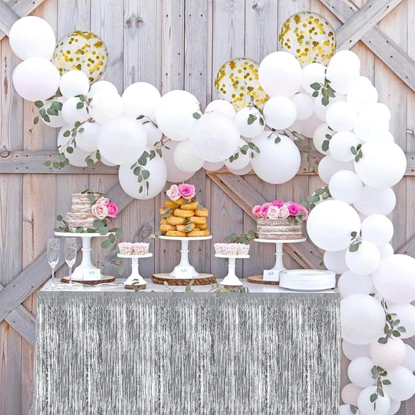 BEISHIDA 2 Pack Silver Table Skirts Party Decorations Metallic Tinsel Foil Fringe Table Skirts Table Decors for Rectangle and Round Table Birthday Holiday Party Cartoon Party