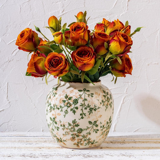 Vintage Green and Beige Round Pastoral Vase, Round Ceramic Floral Vases, Retro Ice Cracked Chinoiserie Vase for Home Decor, Living Room, Bookshelf, Office, Rustic Table Centerpiece 6.7 Inch