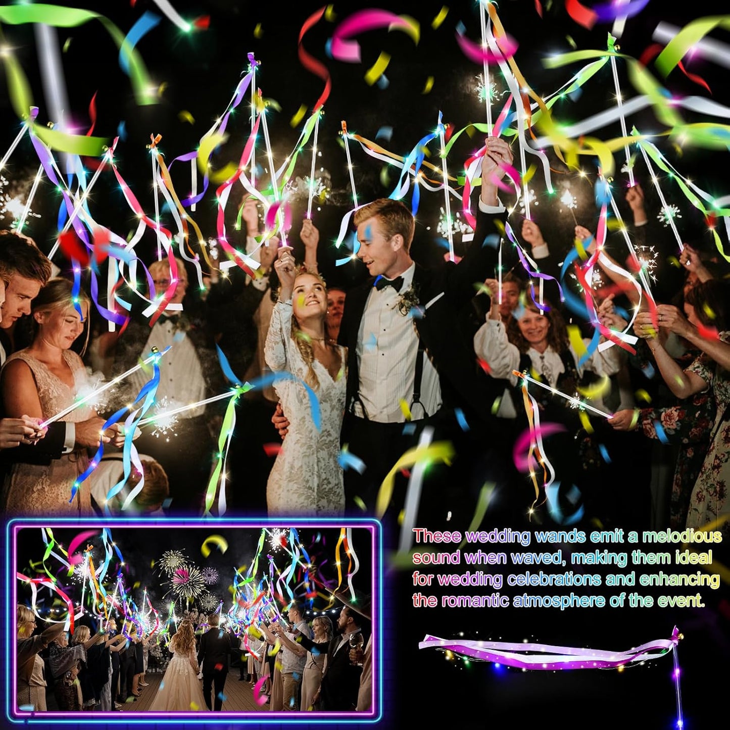 42 PCS Light Up Wands for Wedding, Wedding Favors with 3 Colorful Flashing Modes, LED Fairy Wands with Bells for Wedding Send Off, New Year, Raves, Concert, Birthday, Party Streamers