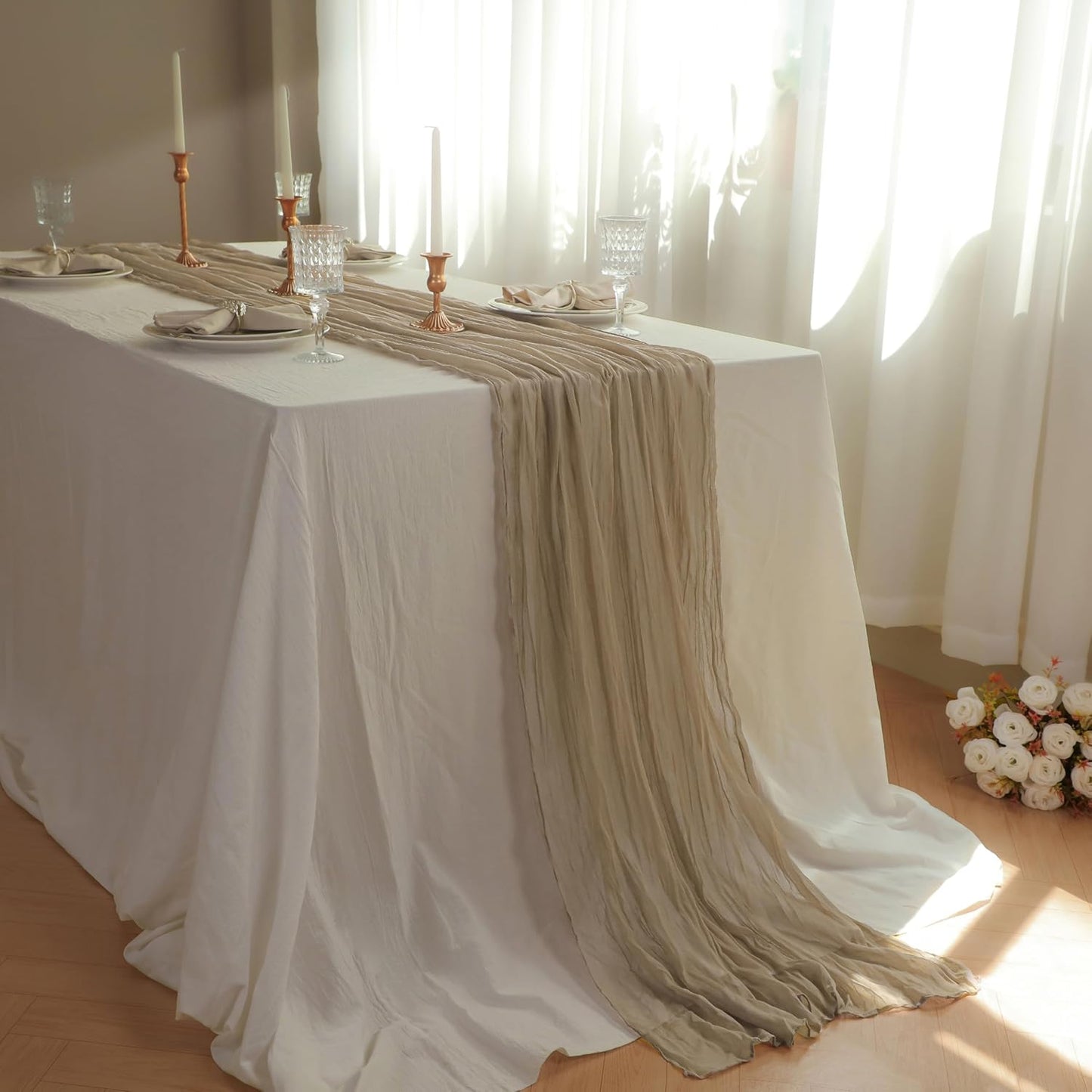 Snowkingdom 6PCS 10 FT Nude Brown Cheesecloth Table Runner, 120 inch Long Cheese Cloth Boho Rustic Gauze Sheer Runner for Wedding Party Baby Shower Birthday Christmas Holiday Table Decorations