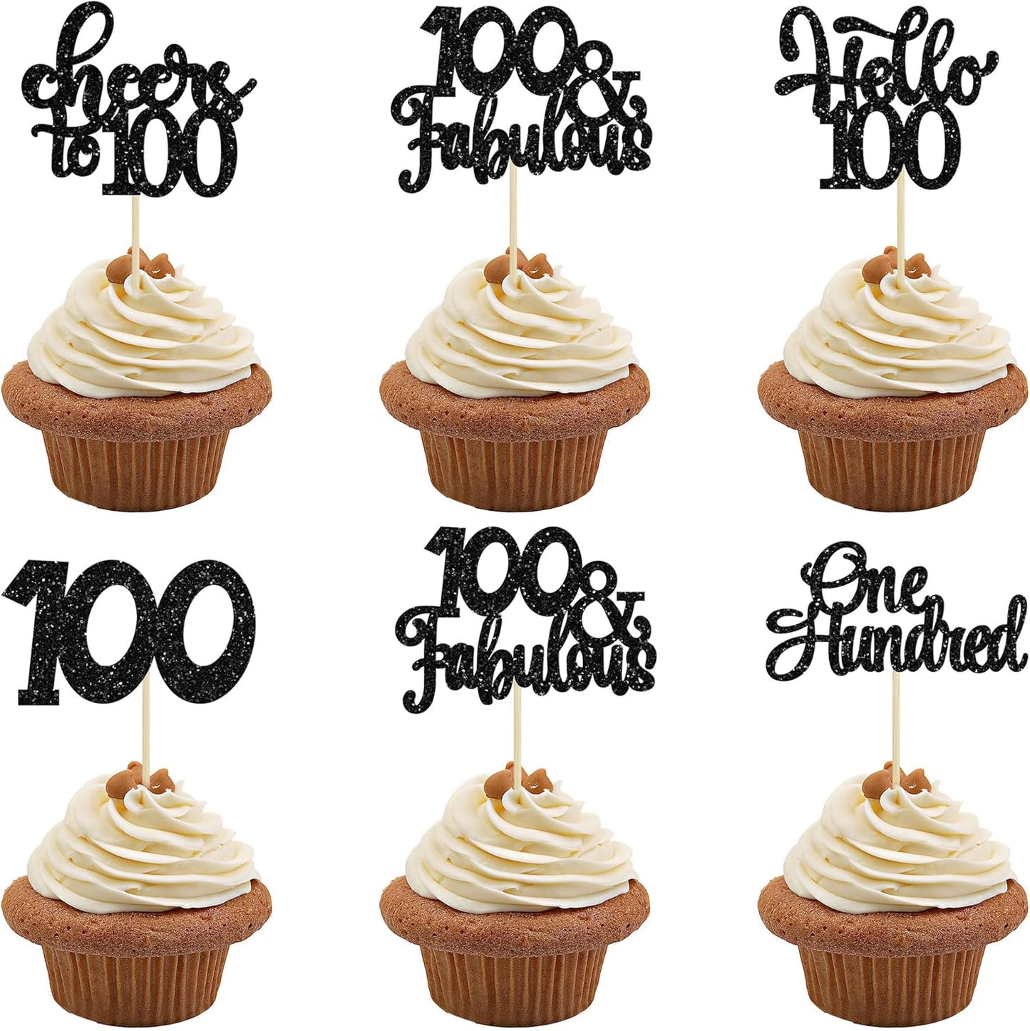 30pcs Happy 100th Birthday Cupcake Toppers - Black Glitter One Hundred Cheers to 100 Years Old Cupcake Picks for Anniversary Party Cake Decorations