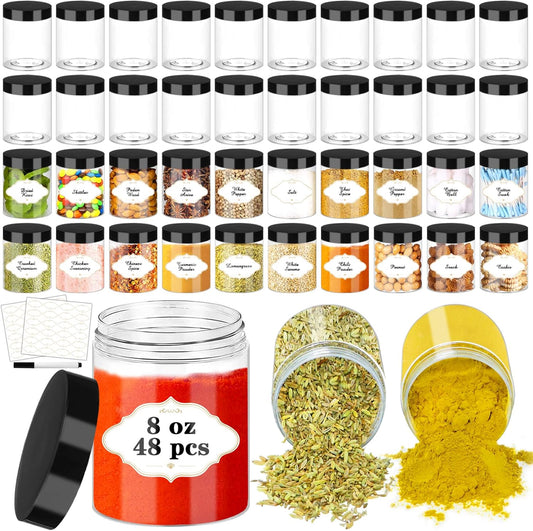 8 OZ Plastic Jars with Lids, Slime Containers with Lids 48 Pcs Airtight Round Plastic Storage Jars Wide-Mouth Containers for Slime, Kitchen and Household Food Storage of Dry Goods