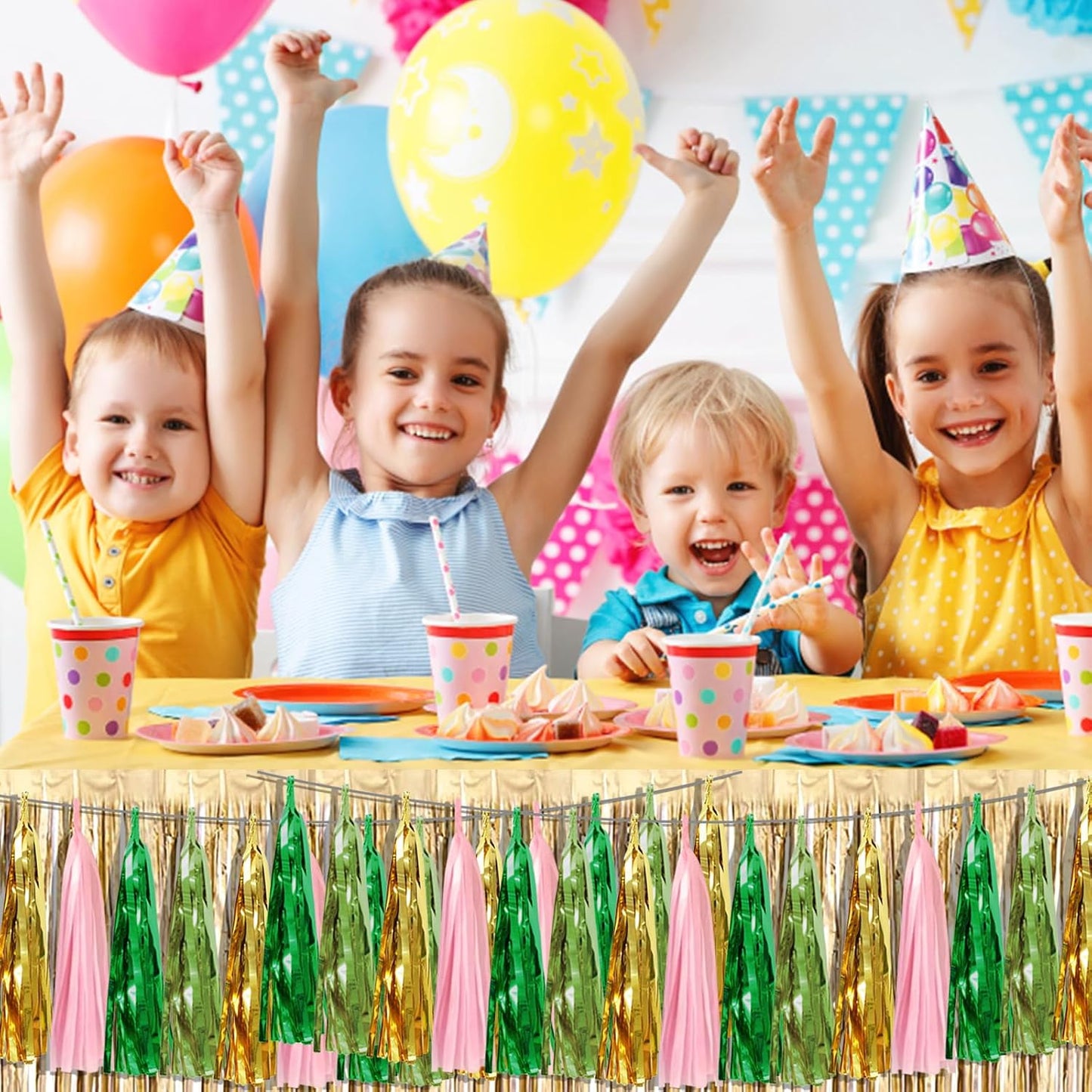 3P Sage-Green Pink-Gold Foil Fringe Metallic Tassel Garland, Tassels Banner Streamers for Parade Floats, Bachelorette, Wedding, Birthday, Halloween, Christmas, Bridal/Baby Shower Party Decorations