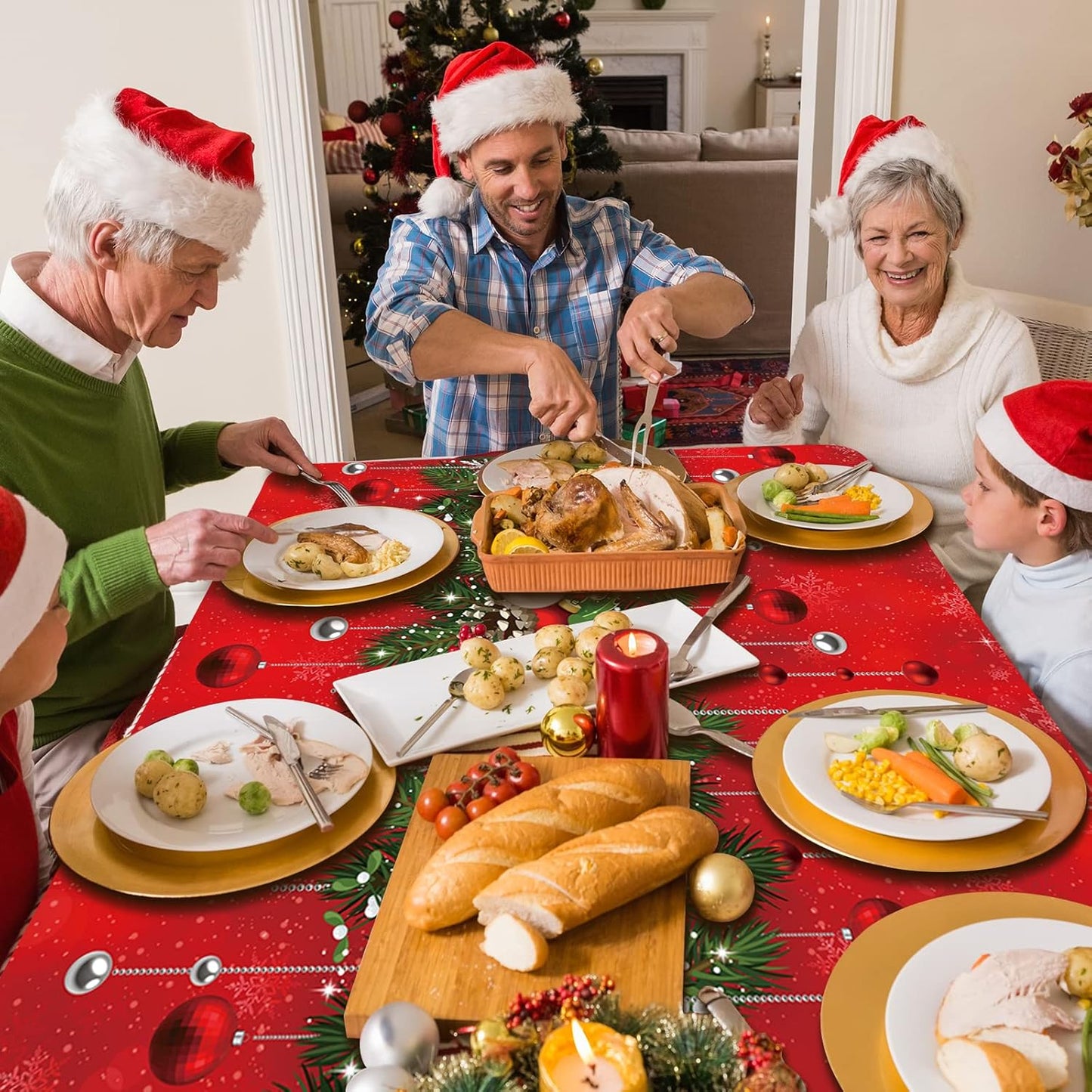 6Pieces Merry Christmas Tablecloth Plastic Christmas Tree Ball Table Cover Rectangle Winter Snowflake Tablecloth for Merry Christmas Holiday New Year Eve Party Decorations Supplies,54x108inch