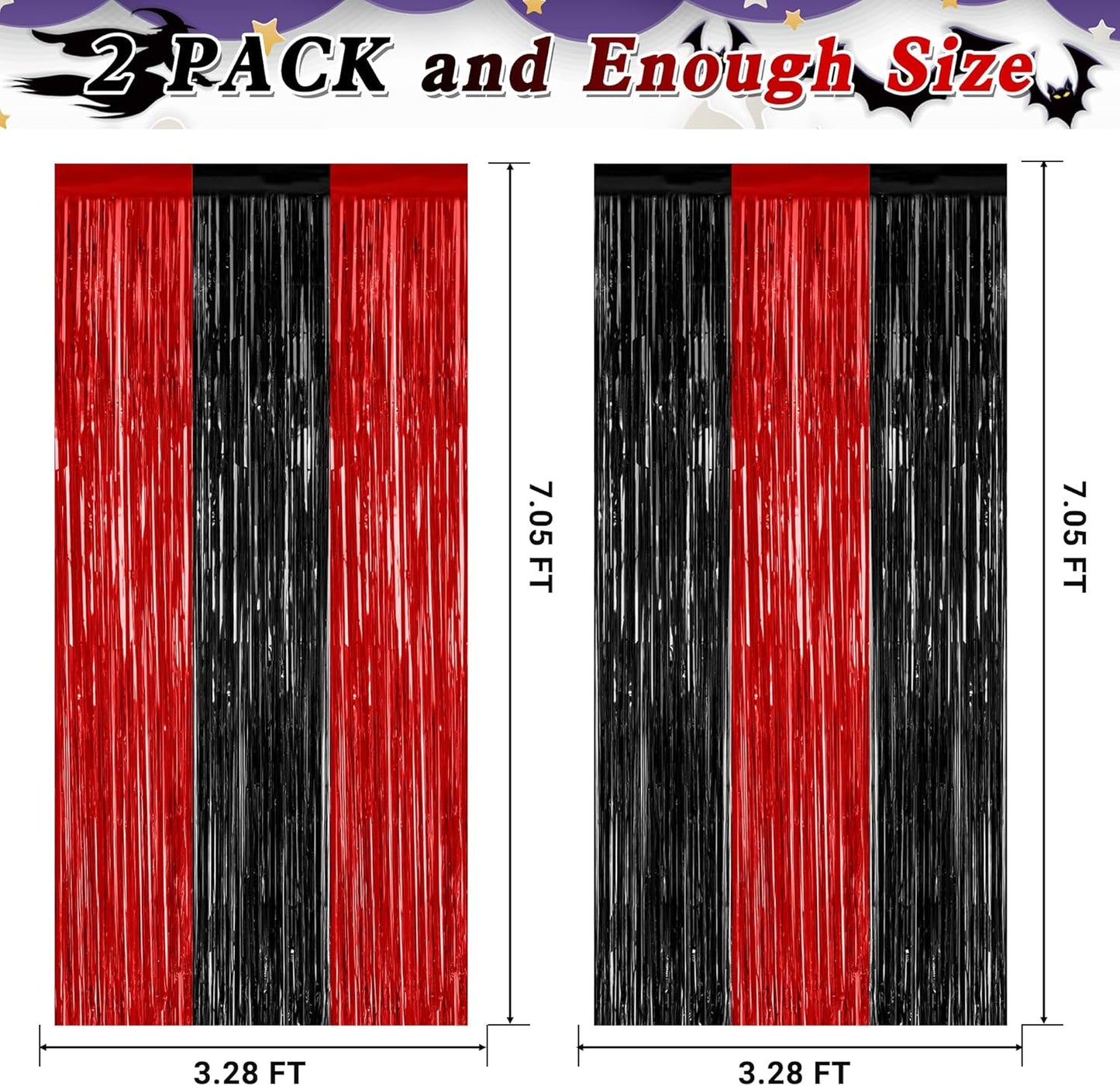 2 Pack Backdrop Curtains, 3.28 FT x 7.05 FT Black and Red Party Decor, Metallic Party Streamer Tinsel Foil Fringe Curtains, Foil Curtains Backdrop Halloween Decorations Party Supplies