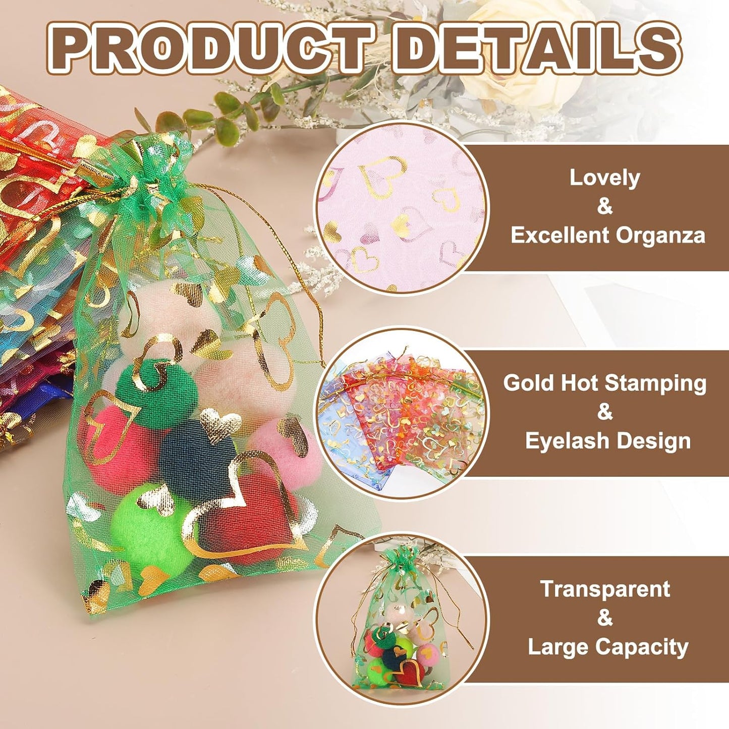 PATIKIL 100 Pcs 5x7 Inch Heart Printed Organza Bags, Green Sheer Heart Organza Bags with Drawstring for Christmas Candy Jewelry Party Wedding Favor Gift