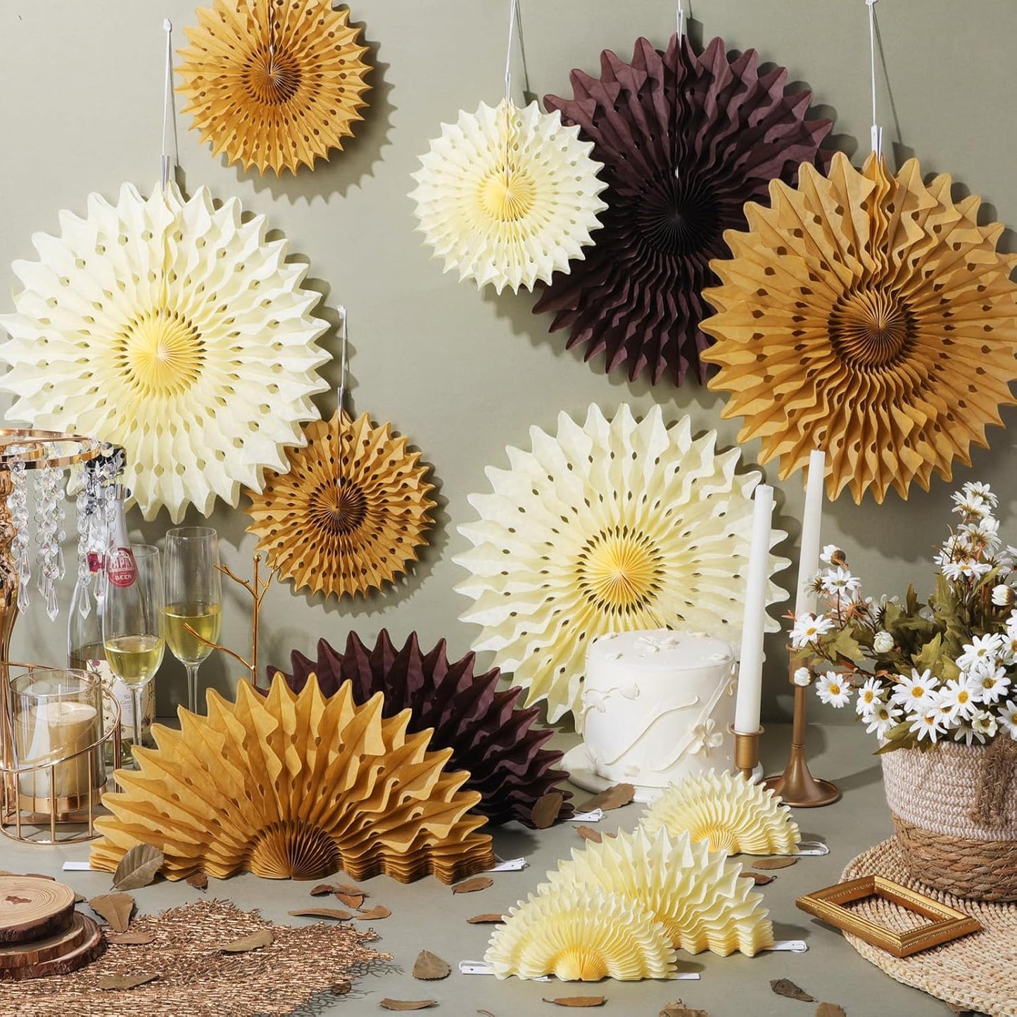 Outus 12 Pcs Hanging Honeycomb Paper Fans Sets, Fiesta Brown and Beige Party Decorations, Tissue Paper Flowers Supplies for Birthday Wall Classroom Wedding Bridal Photo Backdrop (14/8/6 Inch)