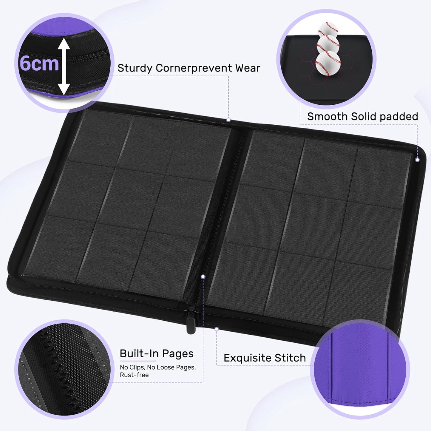 Trading Card Binder 9 Pocket, Zofly Zipper Card Collection Binder Album, Sturdy 540 Side-Loading Card Folder Holder for MTG, TCG, Sports Cards, Game Cards, Purple