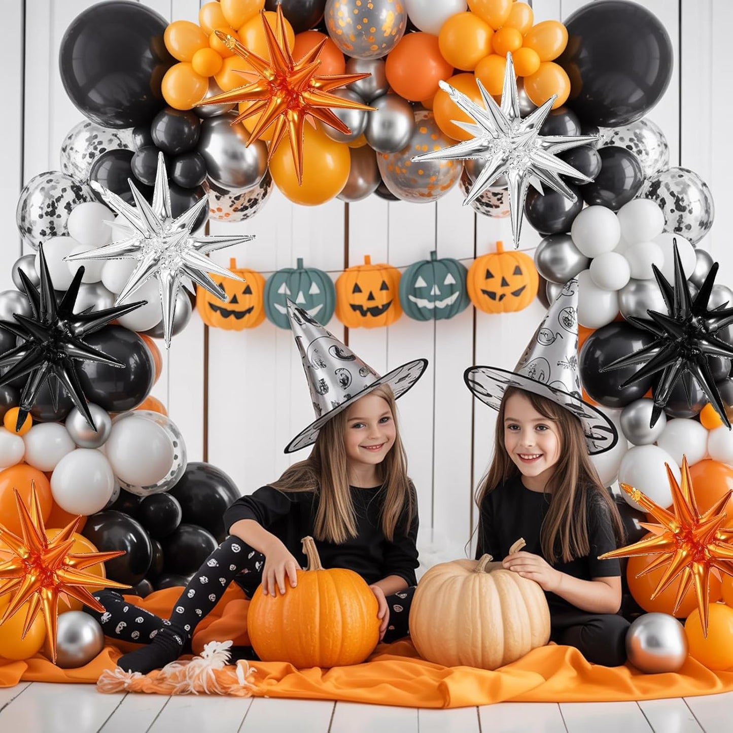 Black Orange Silver Star Balloons,9Pcs 22Inch Black Silver Orange Explosion Spike Cone Helium Polyester Film Star Foil Balloons for Halloween Birthday Anniversary Baby Shower Party Decorations