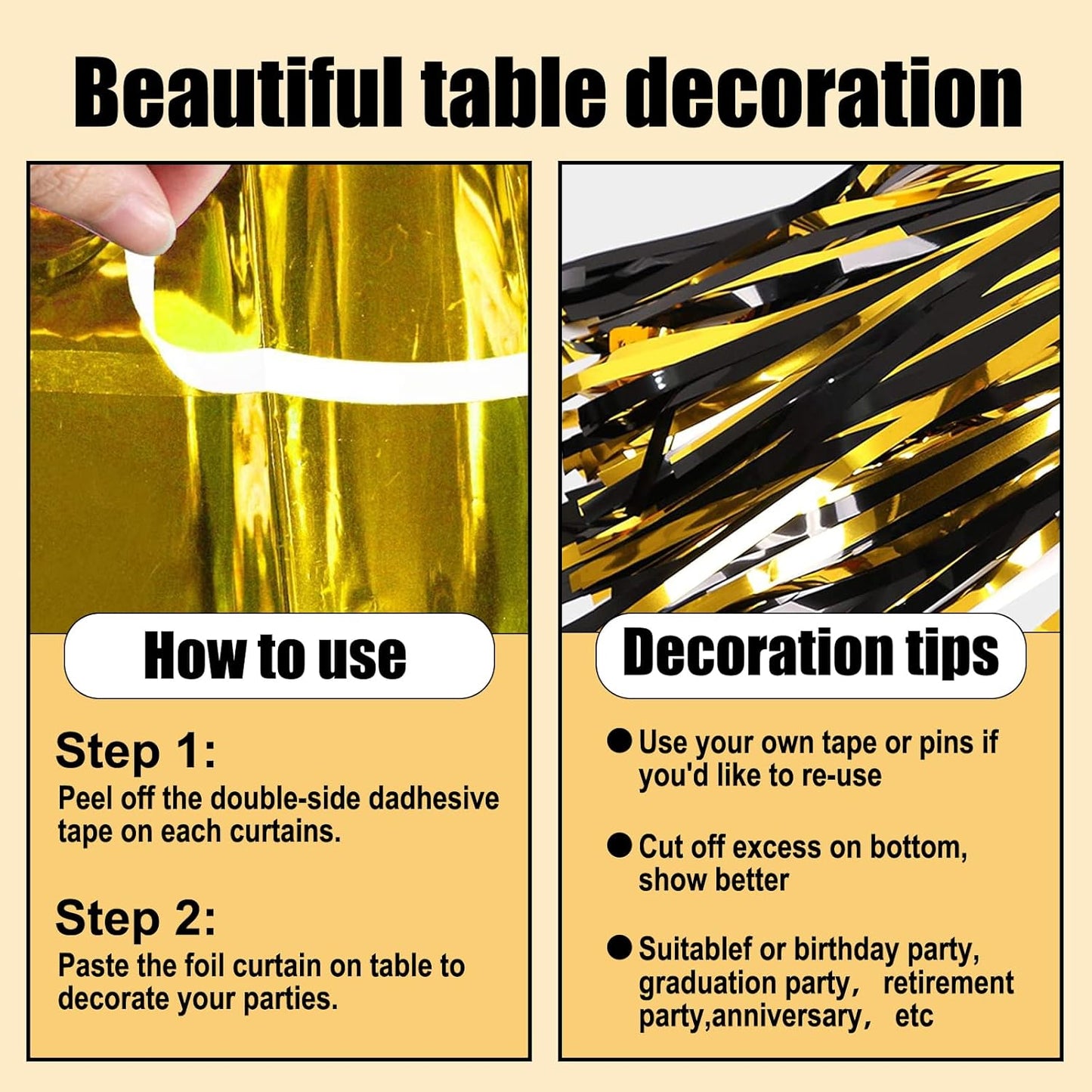 3 Pack 29 x108 Inch Black Gold Foil Fringe Table Skirts Metallic Banner for Tinsel Streamer Garland Backdrop for Parade Floats Wedding Thanksgiving Birthday Christmas New Year Party Decoration