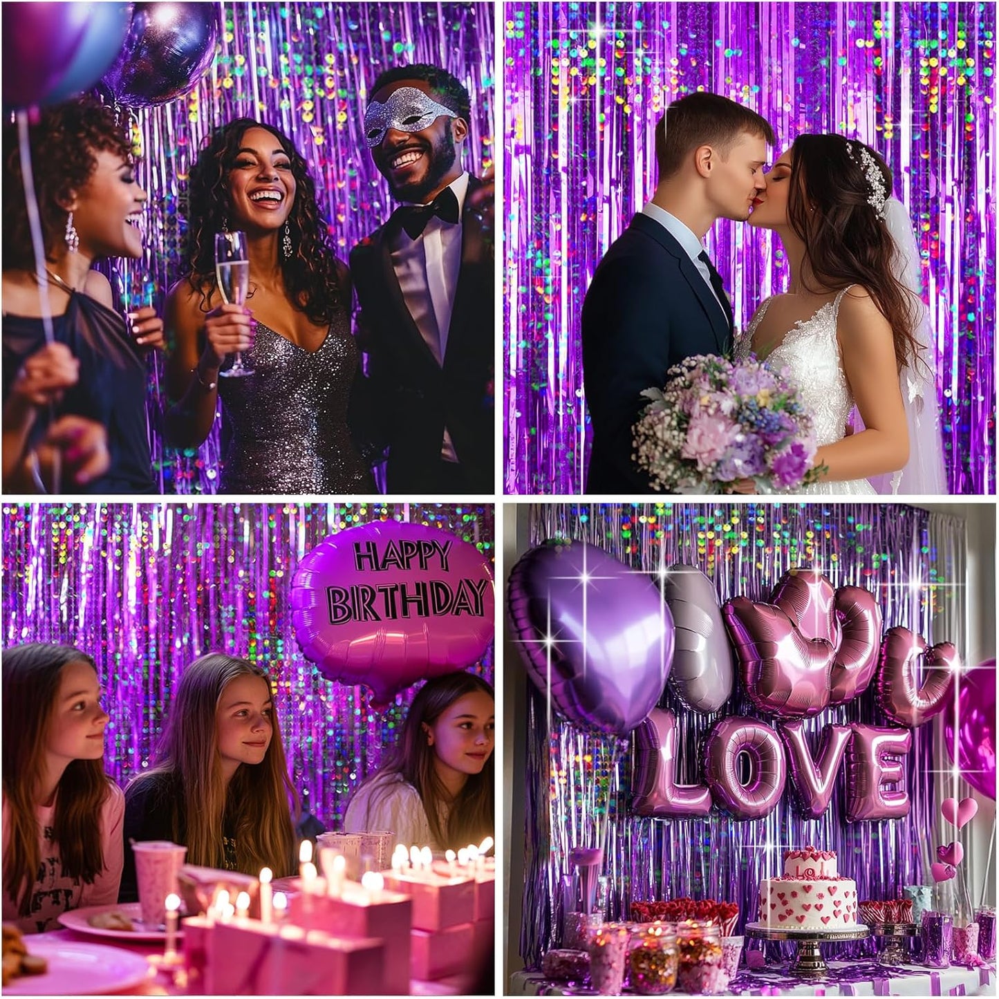 4 Packs Purple Foil Fringe Curtain, Purple Glitter Metallic Tinsel Backdrop for Birthday, Wedding, Baby Shower, Princess Bachelorette Christmas New Year Party Decorations Supplies