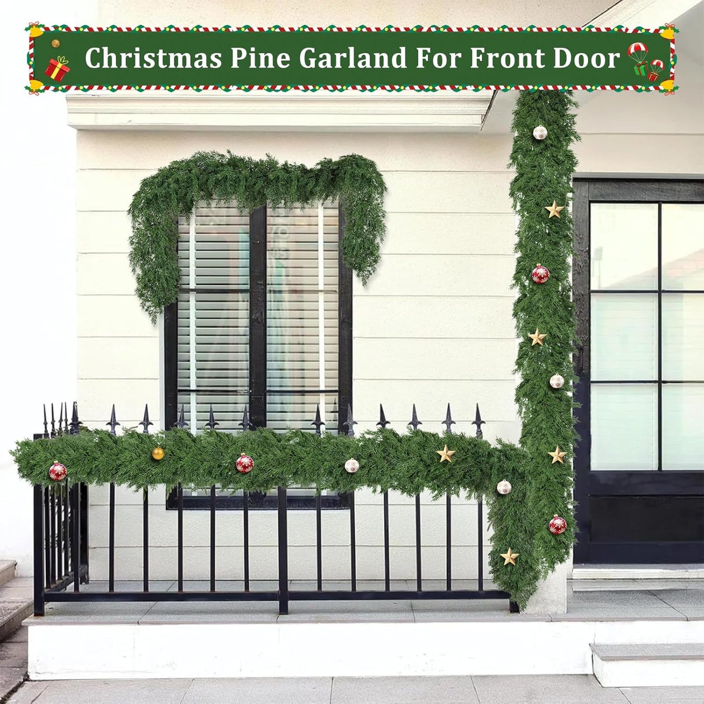 9ft Christmas Cedar Garland, Real Touch Pine Garland, Realistic Cypress Garlands Christmas Decorations for Mantel, Table, Stairs, Porch - Indoor Outdoor Xmas Holiday Decor