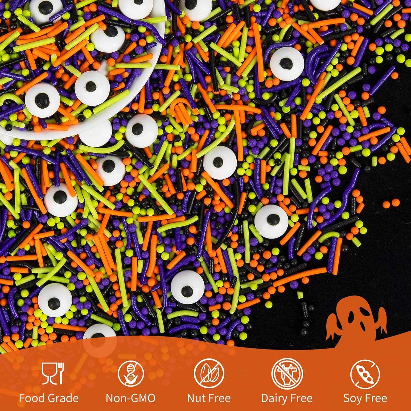 Edible Halloween Sprinkles,Black White Eyes Purple Green Orange and Black Pearls and Jimmies Mixed,130g/4.58ounce,Monster Sprinkle Perfect for Cake Decorations, Baking, Ice Cream, Cookies, Cupcake Topper,Halloween Supplies Children's Party