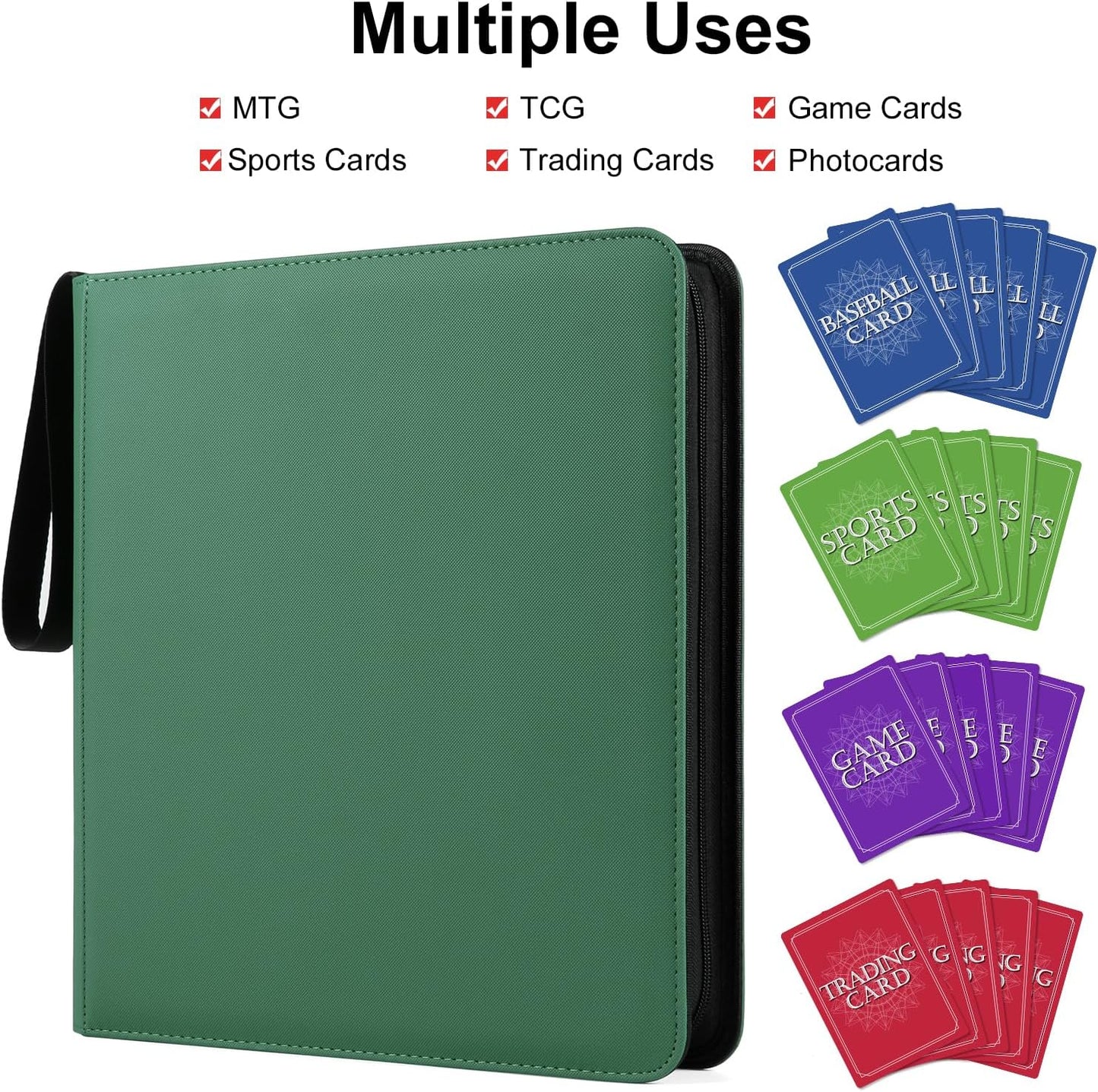 GEAoffice Trading Card Binder 12 Pocket for 720 Cards, Ringless Side Loading Card Collection Binder Album Folder for MTG, TCG, Game&Sports, PU Cover, Non-PVC, Green