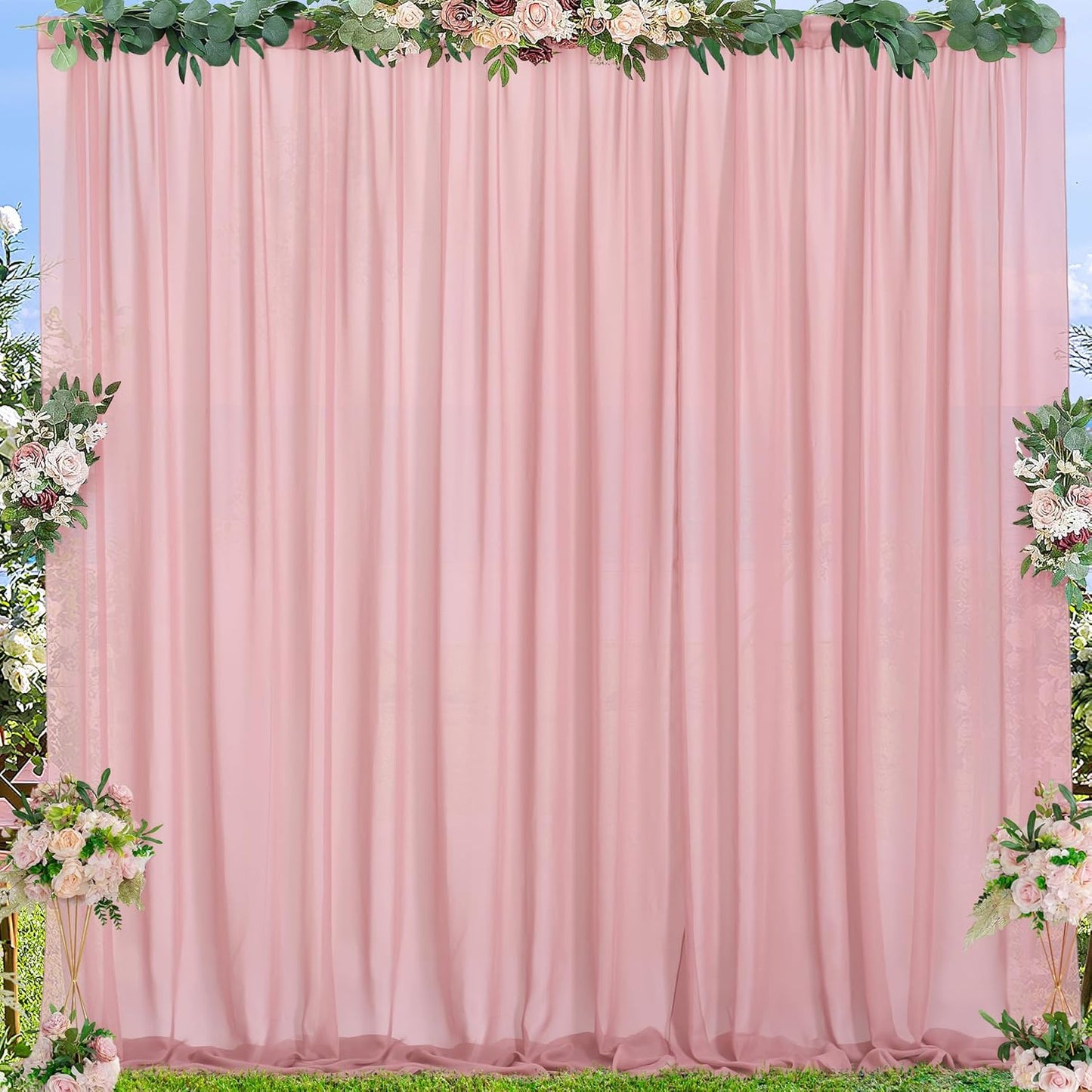 PARTISKY 10x7ft Dusty Rose Chiffon Backdrop Curtains, Wrinkle-Free Sheer Fabric Photo Drapes for Wedding Ceremony Arch Birthday Baby Shower Photography Stage Decor 5X 7ft, 2 Panel