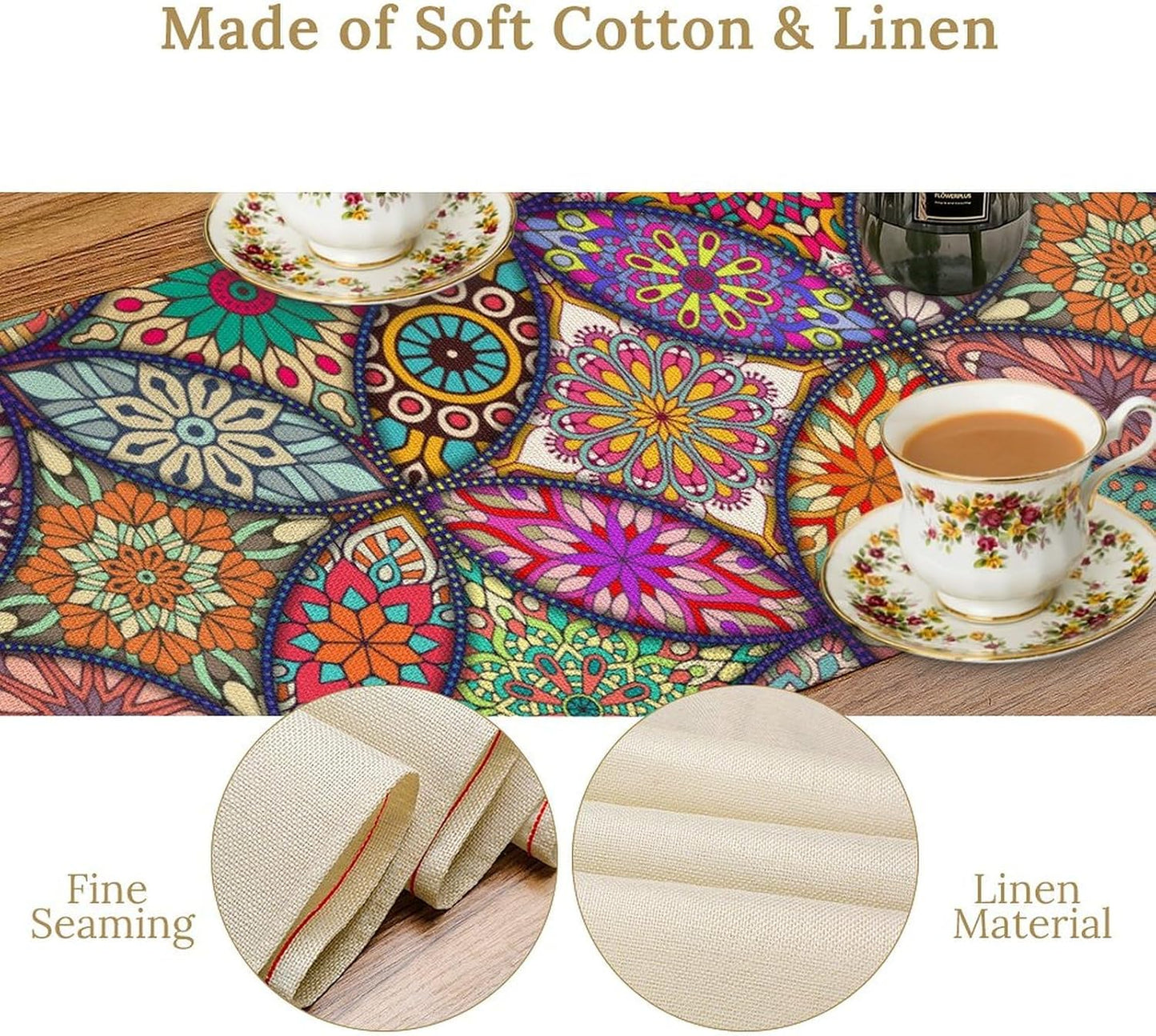 Boho Floral Table Runner,Colorful Flower Retro Bohemian Table Cloth Kitchen Dining Table Home Party Decoration 13x60 Inch