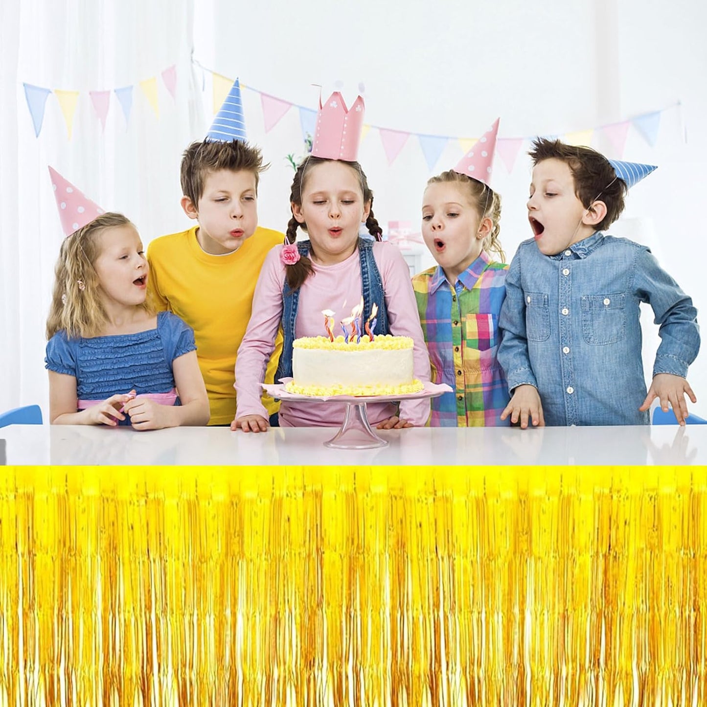 4 Pack Metallic Foil Fringe Tinsel Table Skirts,29x108 Inch Party Disposable Table Skirt Banner for Hotel Banquet Parade Floats Mardi Gras Holiday Birthday Wedding New Year Party Decoration(Gold)