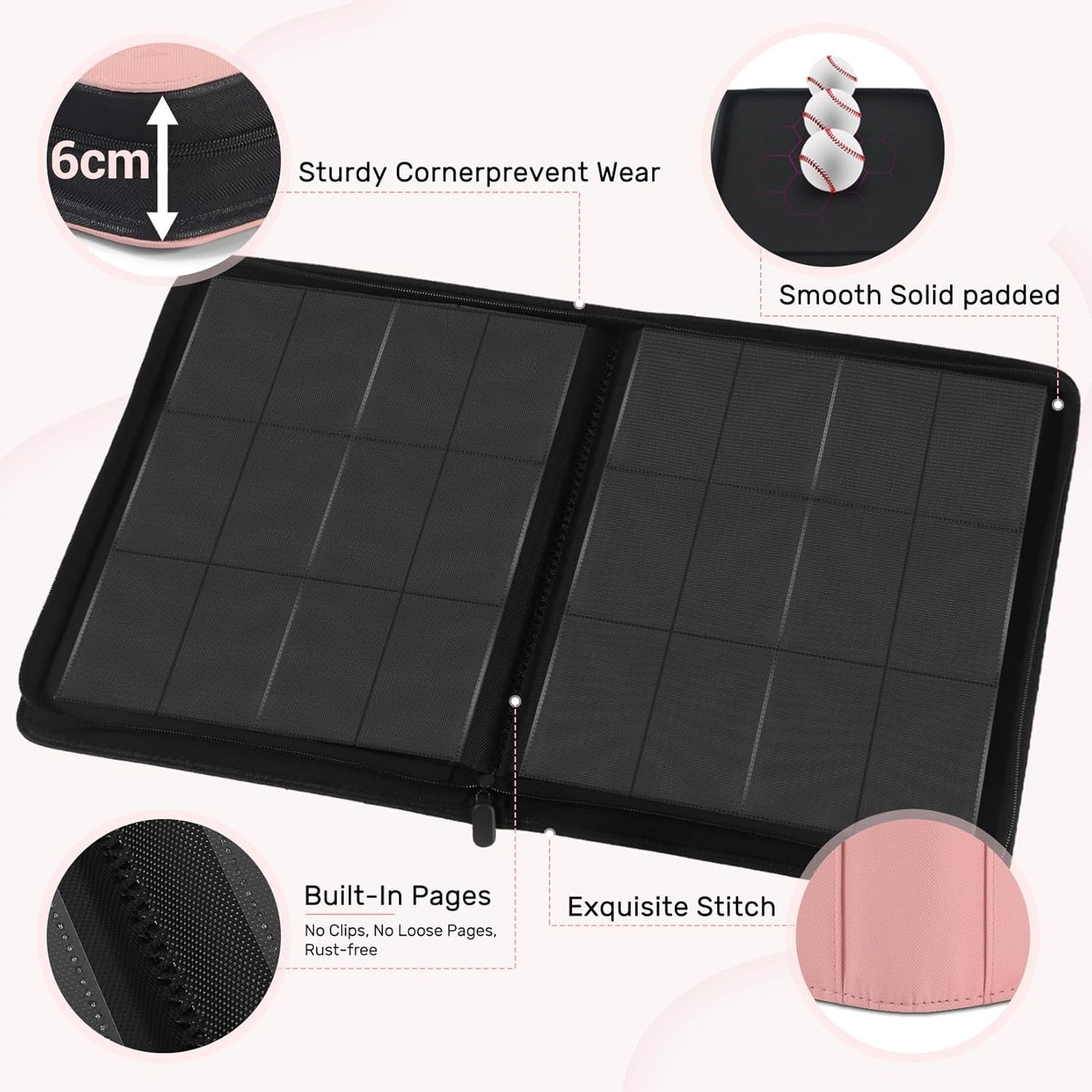 12 Pocket Card Binder, Zipper Trading Card Binder, 720 Large Capacity Side Loading Non-Ring Card Album, Double Sided Acid-Free Card Protector Binder, Card Collection for TCG, MTG, Sport Card, Pink