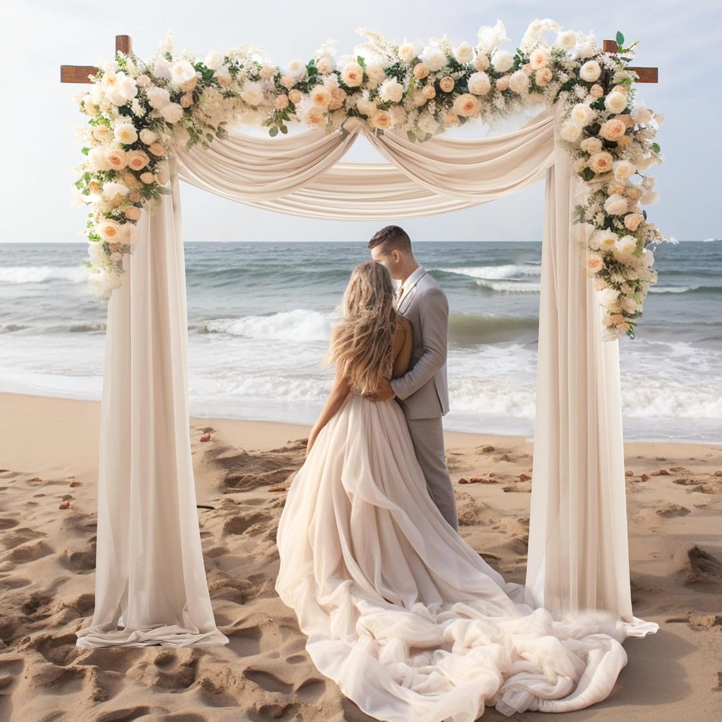 30" x 20Ft Wedding Arch Draping Fabric, 3 Panels Dark Champagne Sheer Curtain Drapes Extra Wide & Long Backdrop Curtains for Wedding Arch Ceremony Birthday Party Decorations
