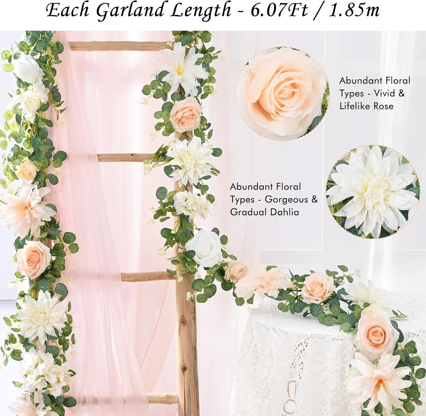 Waipfaru 2Pcs 6.07Ft Eucalyptus Greenery Garland with Flowers, Dusty Blue and White Rose Flower Vines for Wedding Table Runner Centerpieces Backdrop Room Decor