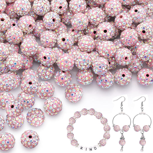 200pcs 10mm Pink AB Rhinestone Beads for Jewelry Making, Shiny Round Shamballa Disco Ball Beads Bulk, Sparkle Crystal Clay Christmas for Bracelet Baseball Necklace Earring Crafting and DIY