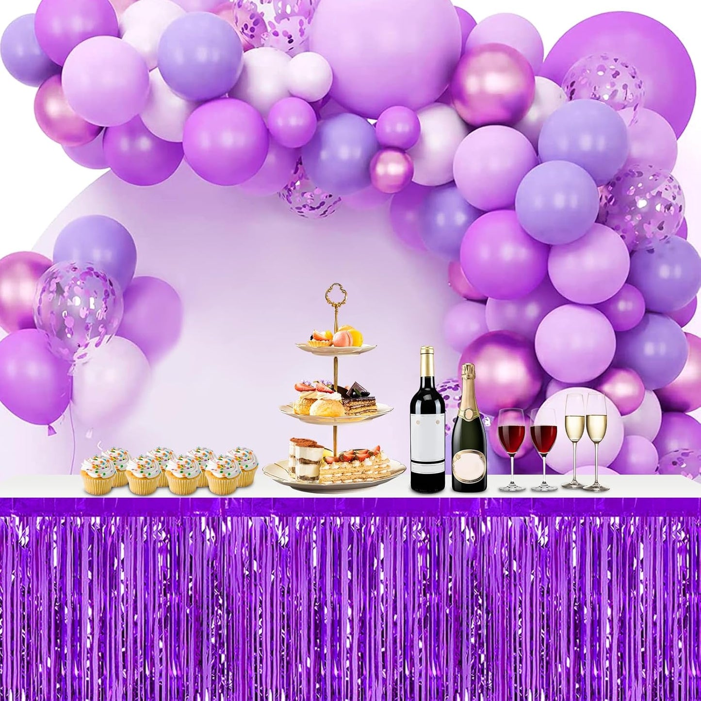 3 Pack 29x108 Inch Purple Foil Fringe Table Skirts Metallic Banner for Tinsel Streamer Garland Backdrop for Parade Floats Wedding Thanksgiving Birthday Christmas Halloween Party Decoration