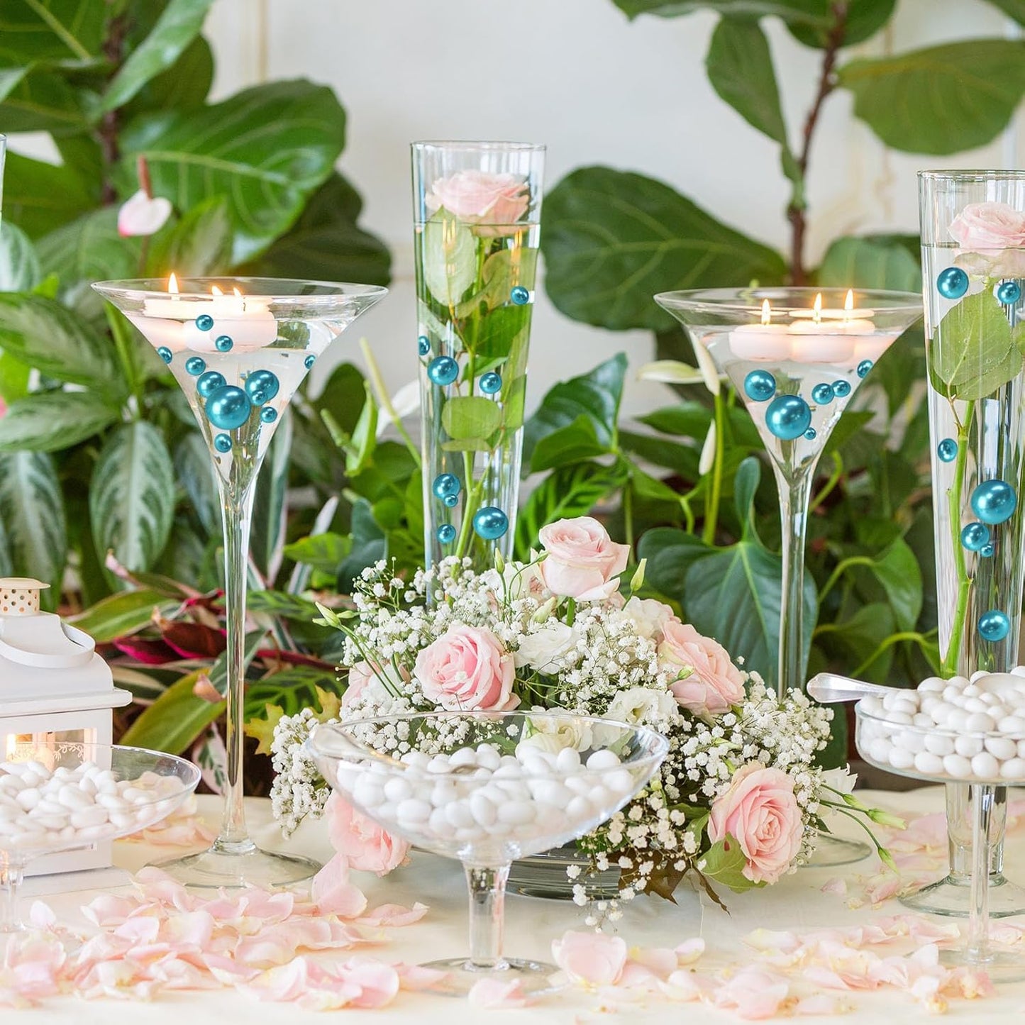 100PCS Lake Blue Faux Pearls Beads for Centerpiece Vases, Vase Filler Faux Pearls, No Holes Filler Beads for Party Anniversary Birthday Wedding Table Decor, 14/20/30mm