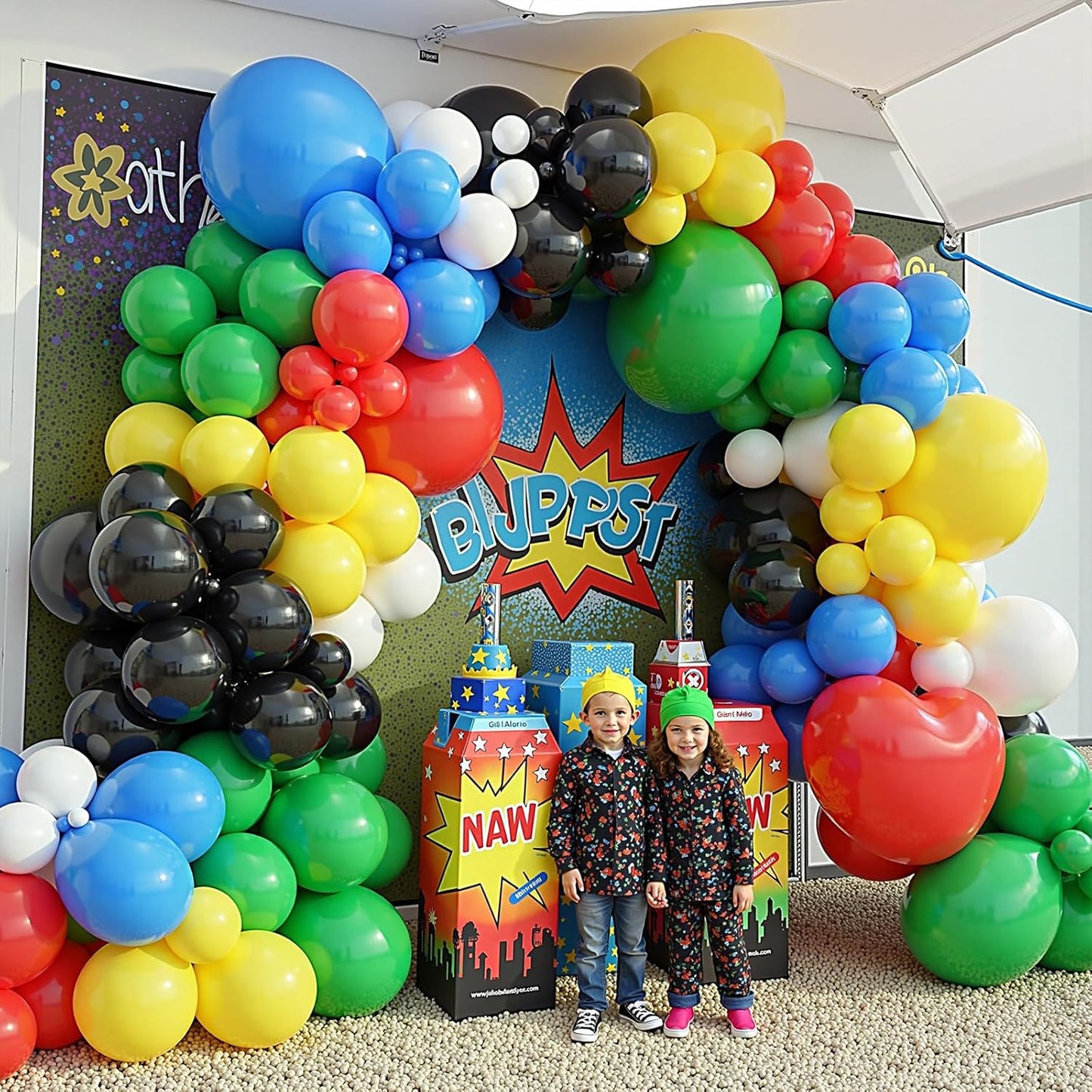 412Pcs Red Blue Yellow Green Black Balloon Arch Garland Kit, 18 12 10 5 Inch Different Size Latex Balloons for Birthday, Video Game Themed Party