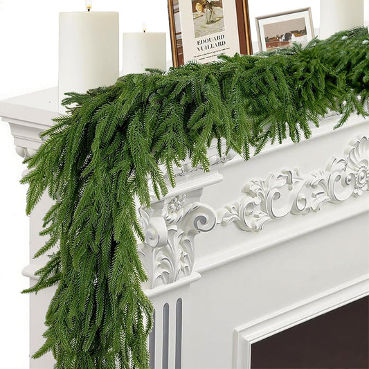 9FT Artificial Norfolk Pine Garlands for Christmas Decorations,Real Touch Winter Faux Greenery Garlands for Mantel Table Stair Fireplace Wall Holiday Indoor Outdoor Decor(1 Pack)