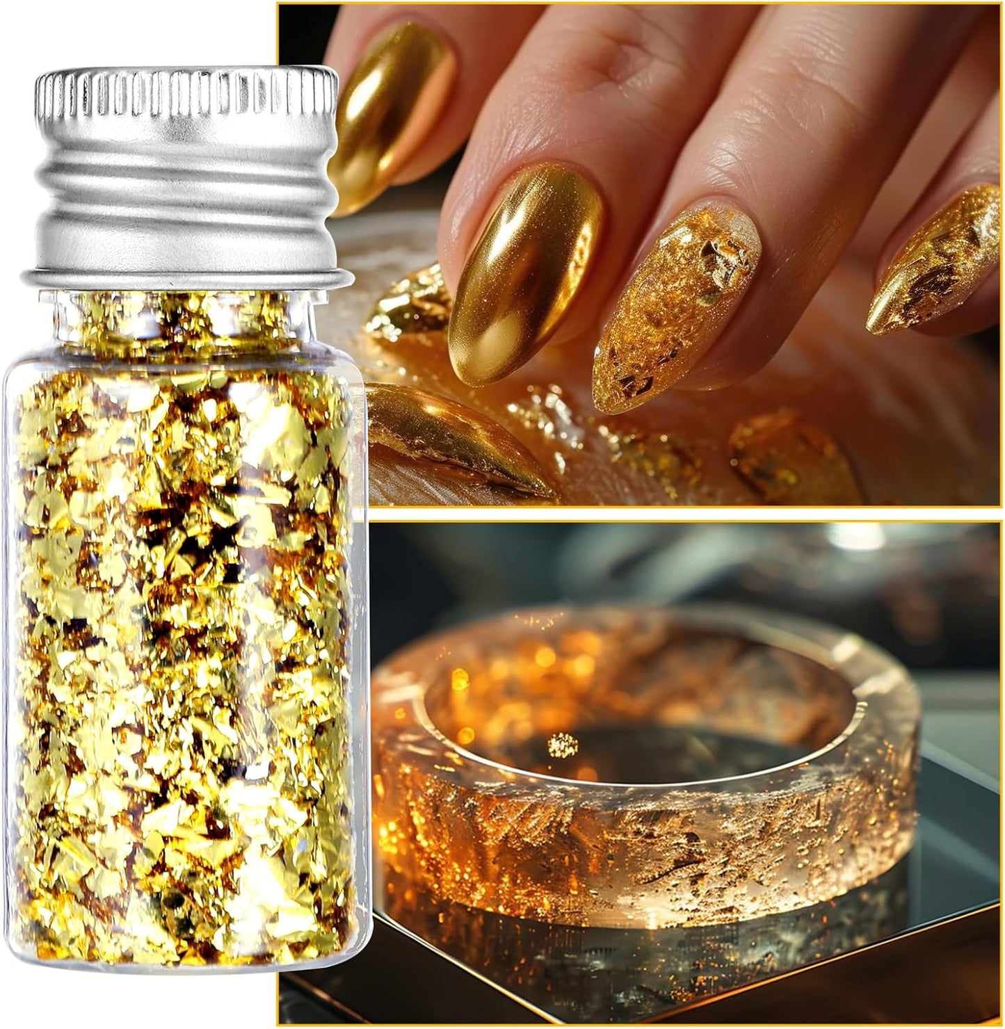 5Pcs Decorative Gold Leaf, Multifunction Gold Flakes Cake Decoration Baking Foil Decor with Plastic Tweezers for Cooking Dessert Steak Decoration Crafts Makeup