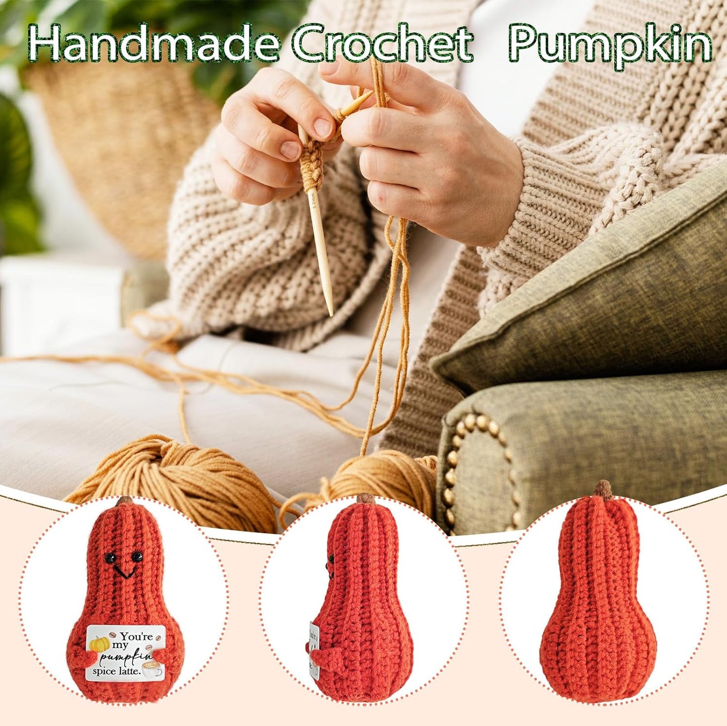 Little Reminders Emotional Support Crochet Pumpkin,Positive Crochet Pumpkin with Positive Affirmations Cards,Daughter's Gifts for Mother,Birthday and Catholic Christian Decor,Desk Decoration