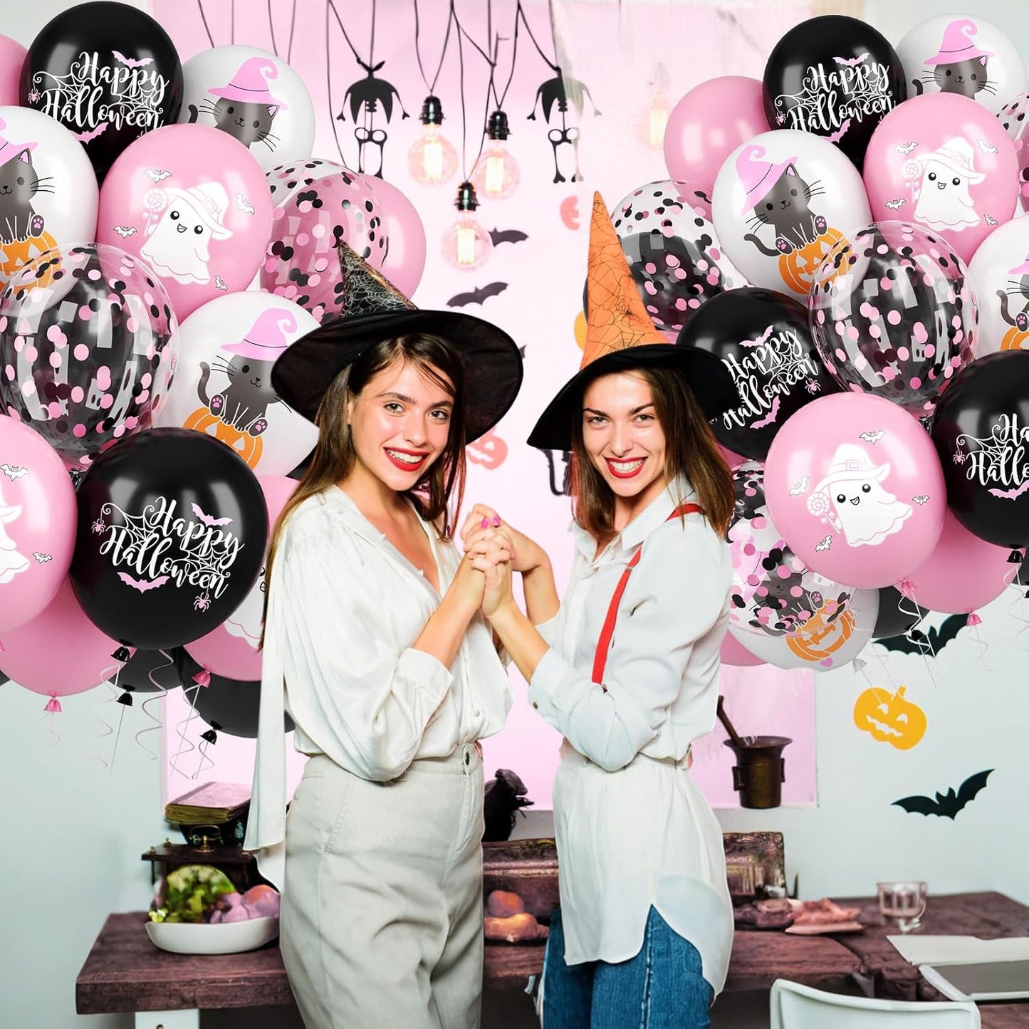 Halloween Balloons, 52 PCS Pink Black Halloween Balloons with Pumpkin Cat, Ghost Printed Balloon, Pink Black Confetti Latex Balloon for Ghost Party Decorations