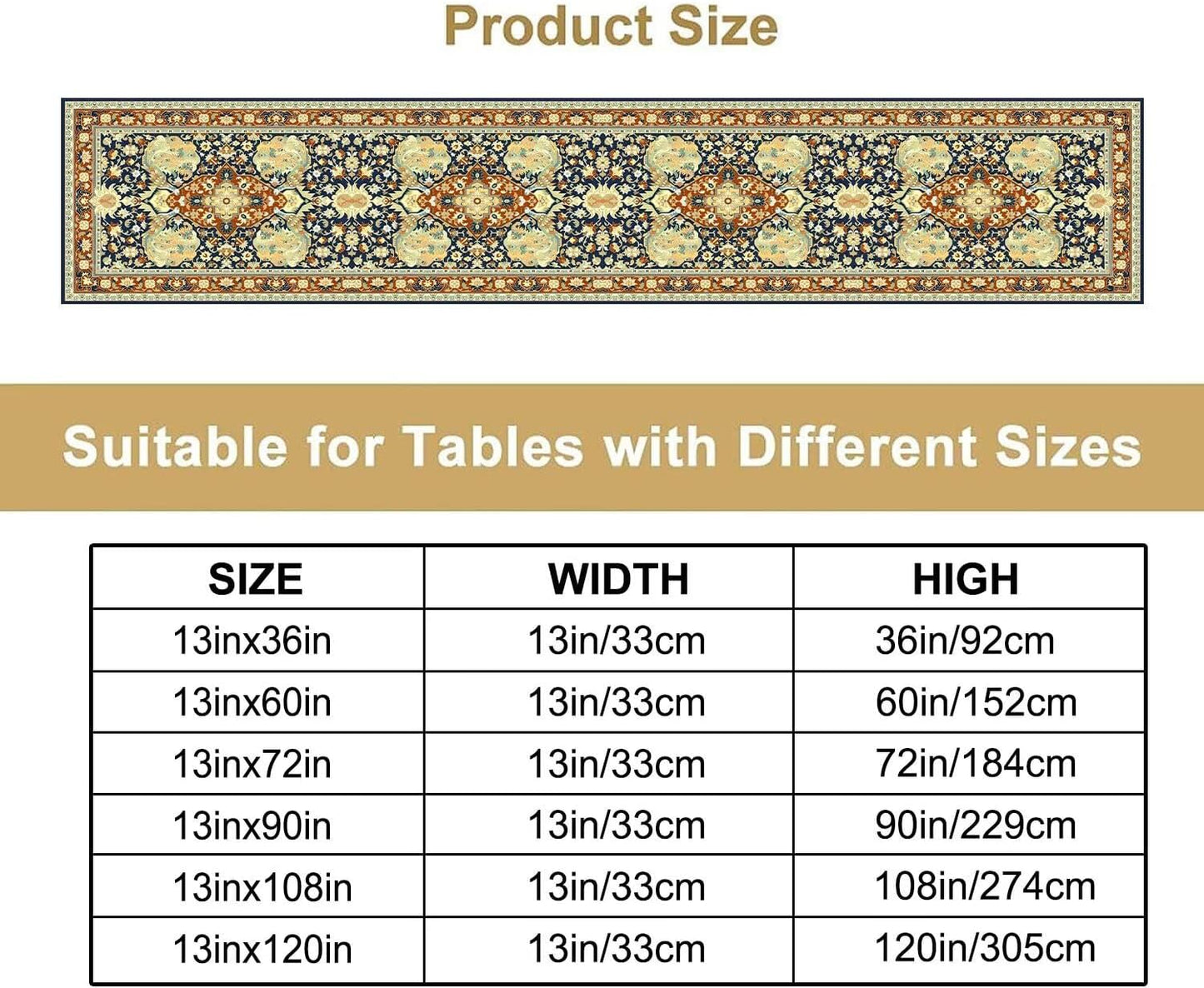 Vintage Boho Floral Table Runner, Elegant Luxurious Rustic Country Farmhouse Navy Blue Gold Retro Flower Pattern for Home Kitchen Table Decor Dining Coffee Room Party Decor 13x108in