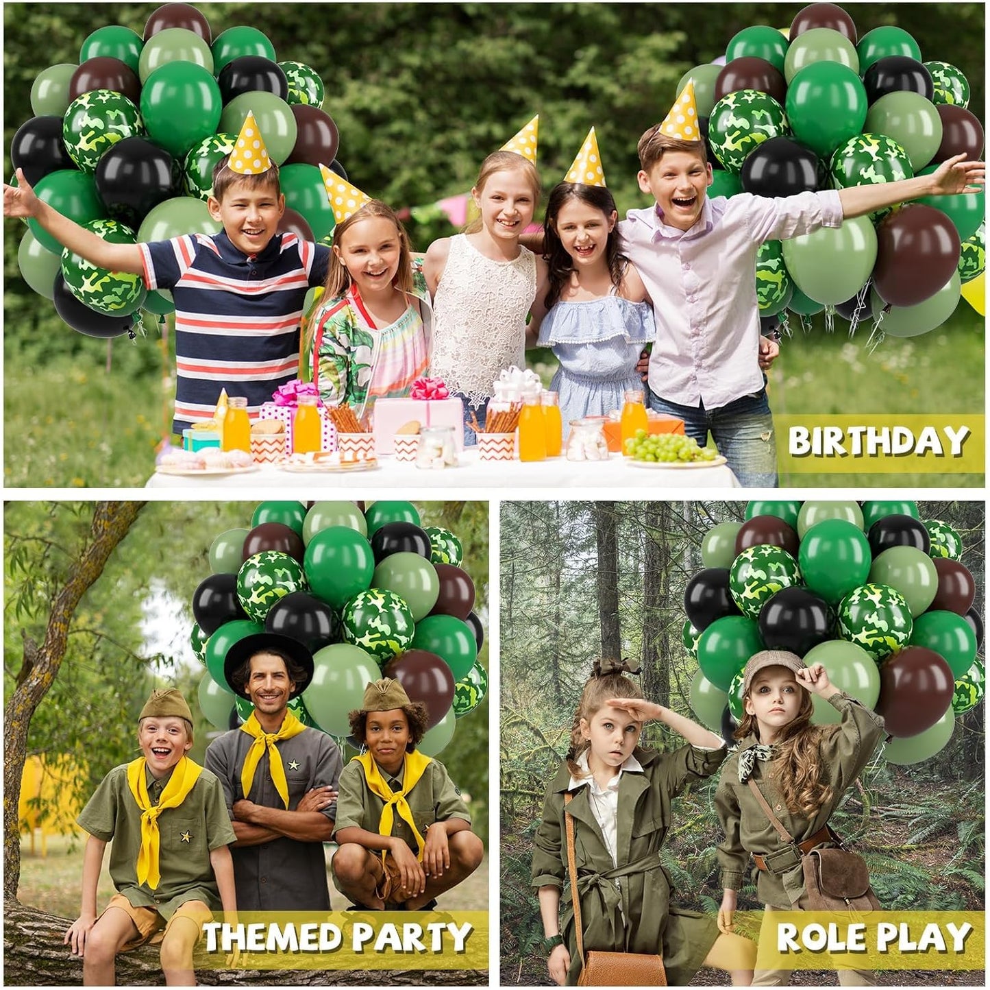 Paready Camo Balloons, 50 Pcs Green and Brown Balloons, Camouflage Army Balloon, 12 Inch Dark Sage Green Black Balloons Latex for Birthday Baby Shower Camping Woodland Hunting Jungle Party Decorations