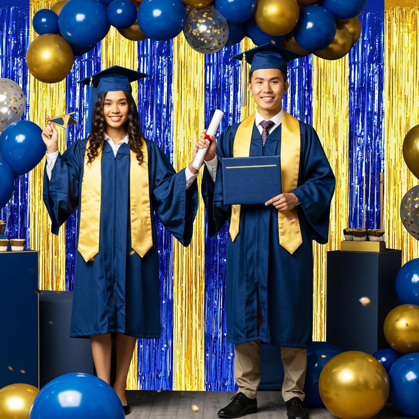 BEISHIDA 2Pcs Blue Gold Door Streamers Congrats Grade 2025 Decoration Backdrop Foil Fringe Tinsel Party Streamers Curtains Backdrops for Birthday 2025 Graduation Baby Shower(3.28 ft x 6.56 ft)