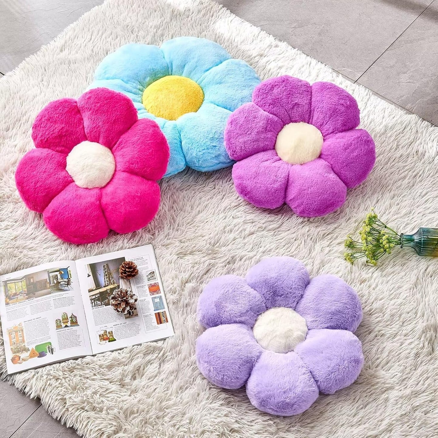 Purple Flower Pillow - Cute Decorative Throw Pillow Shaped Like a Flower, 14.9" Soft Plush Faux Rabbit Fur Cover for Bedroom Living Room