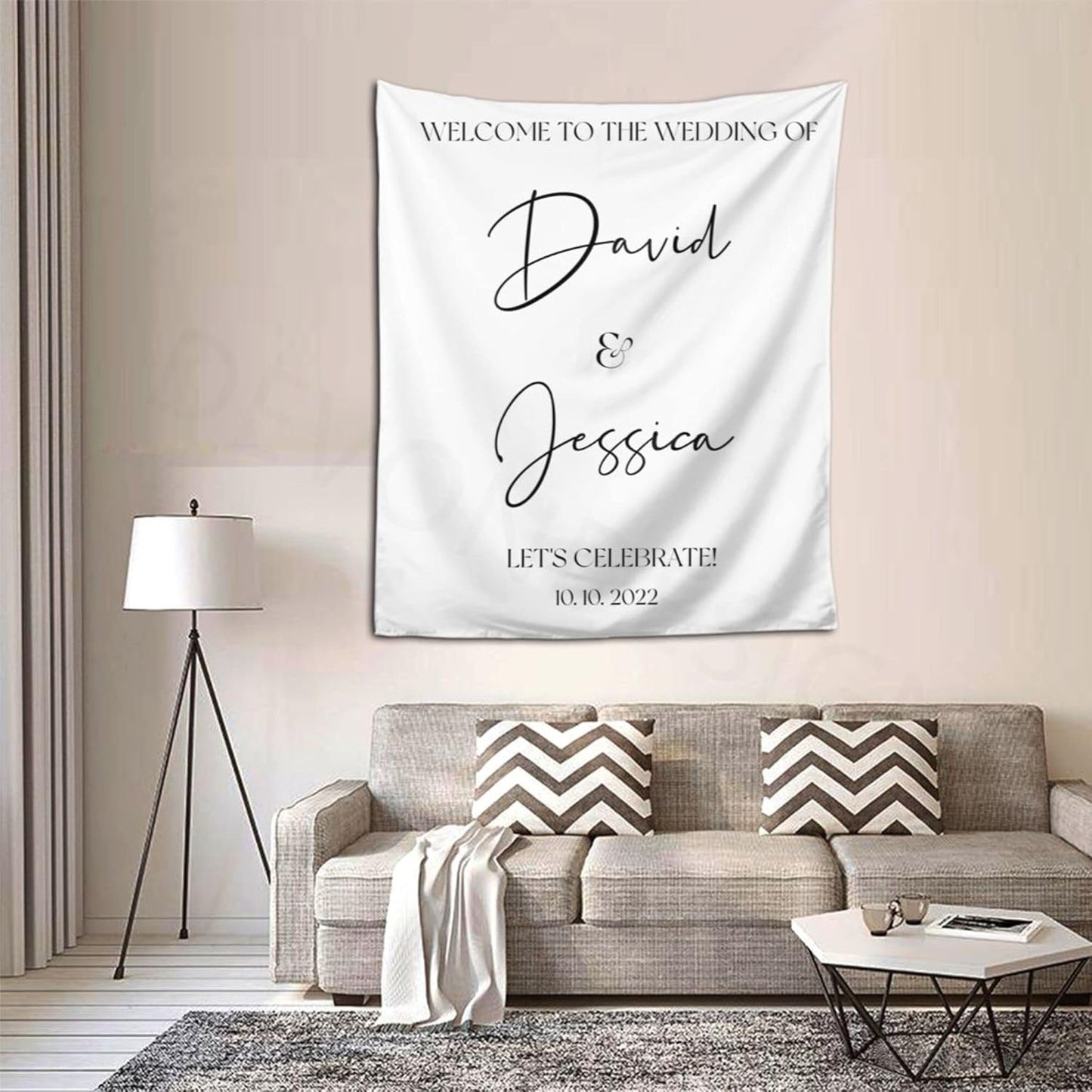 Welcome to Our Wedding Backdrop, Custom Tapestry with Names and Date, Rustic Sign, Personalized Calligraphy Banner for Ceremony, Arch, Reception Let's Celebrate Decor
