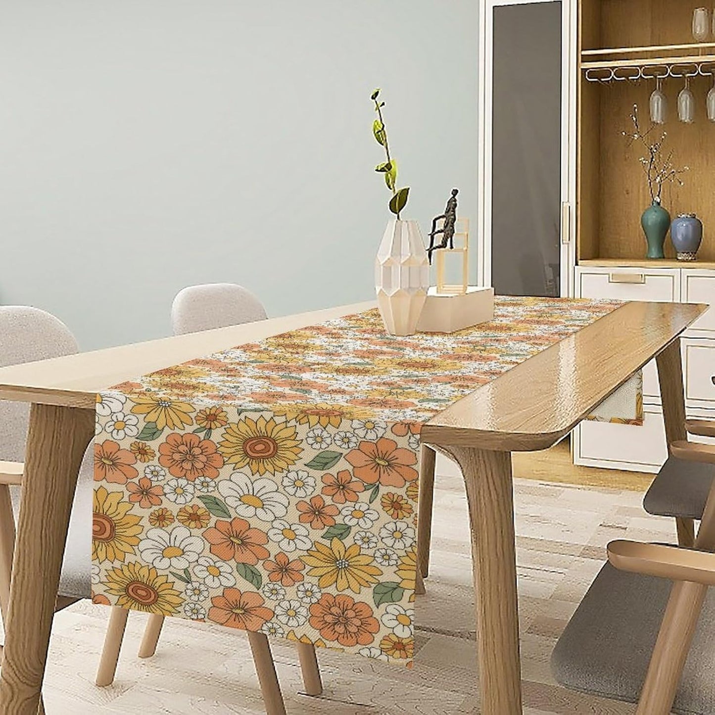 Vintage Floral Table Runner,Boho 70s Style Retro Daisies Flower Table Runner for Kitchen Dining Table Home Party Decoration 13x72 Inch