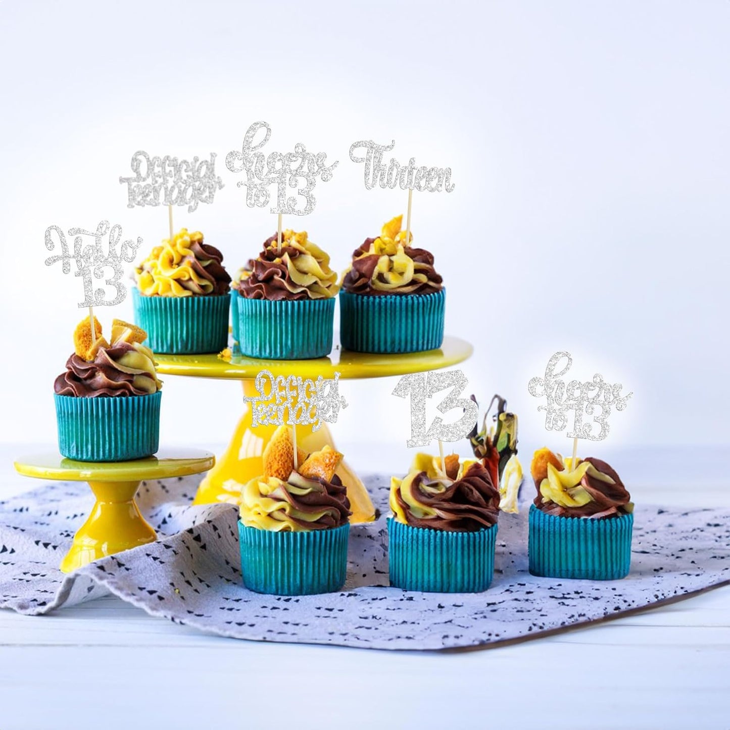 30Pcs 13th Birthday Cupcake Toppers Hello 13 Cupcake Picks Official Teenager Cheers to 13 Years Old Cake Decorations for 13th Birthday Anniversary Party Supplies Silver Glitter