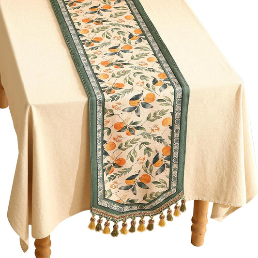 patdrea Designer Vintage Fresh Farmhouse Linen Table Runner 71 Inch Long, Green and Orange Pattern Table Mat, Decor for Kitchen Dining Table Coffee Table Shelf Cabinet Banquet Christmas ,12"*71"