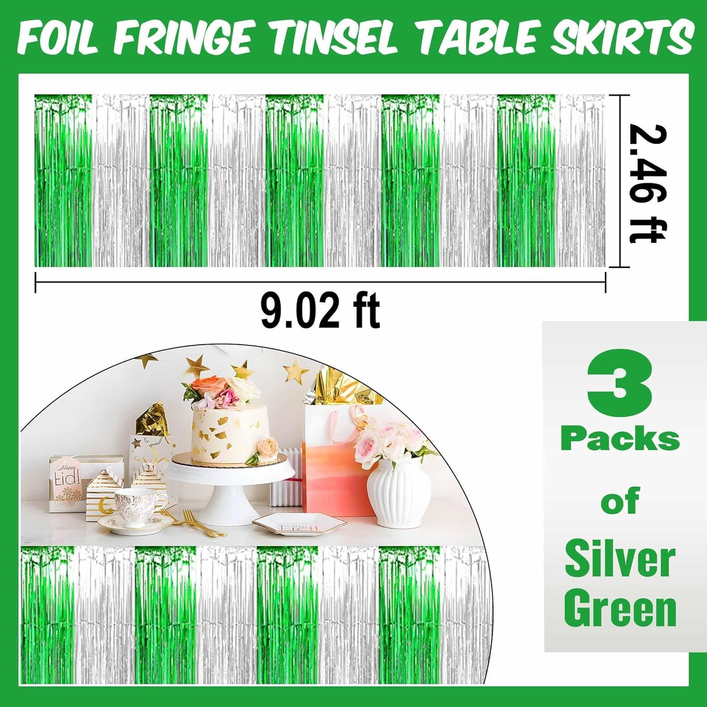 3 Pack Silver Green Foil Fringe Table Skirts Metallic Tinsel Streamers Garland Banner Backdrop for Table Decor, Parade Float, Birthday, Wedding, Halloween, Christmas Party Decorations(29x108 In)