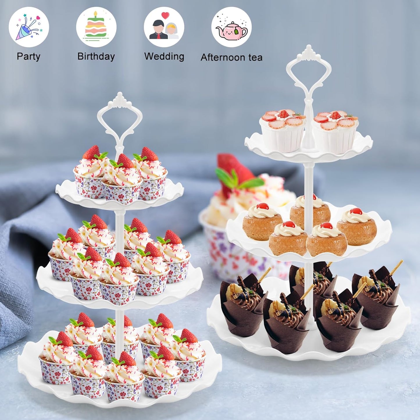 Coitak 3 Tier Cupcake Stand, Plastic Tiered Serving Stand, Dessert Tower Tray for Tea Party, Baby Shower and Wedding (Wavy-White Rod)